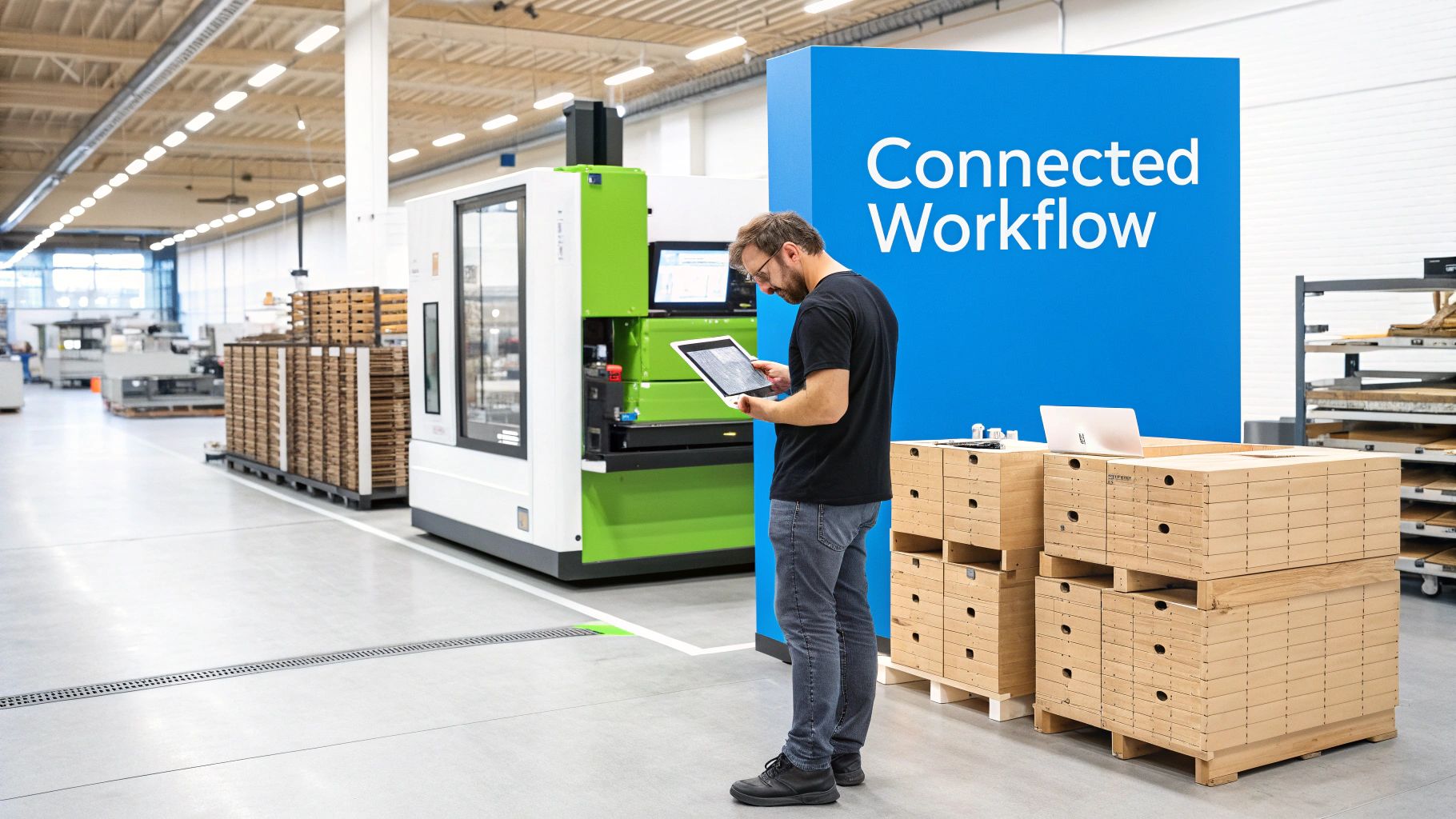 A man uses a tablet in a modern factory next to a large machine and 'Connected Workflow' sign.