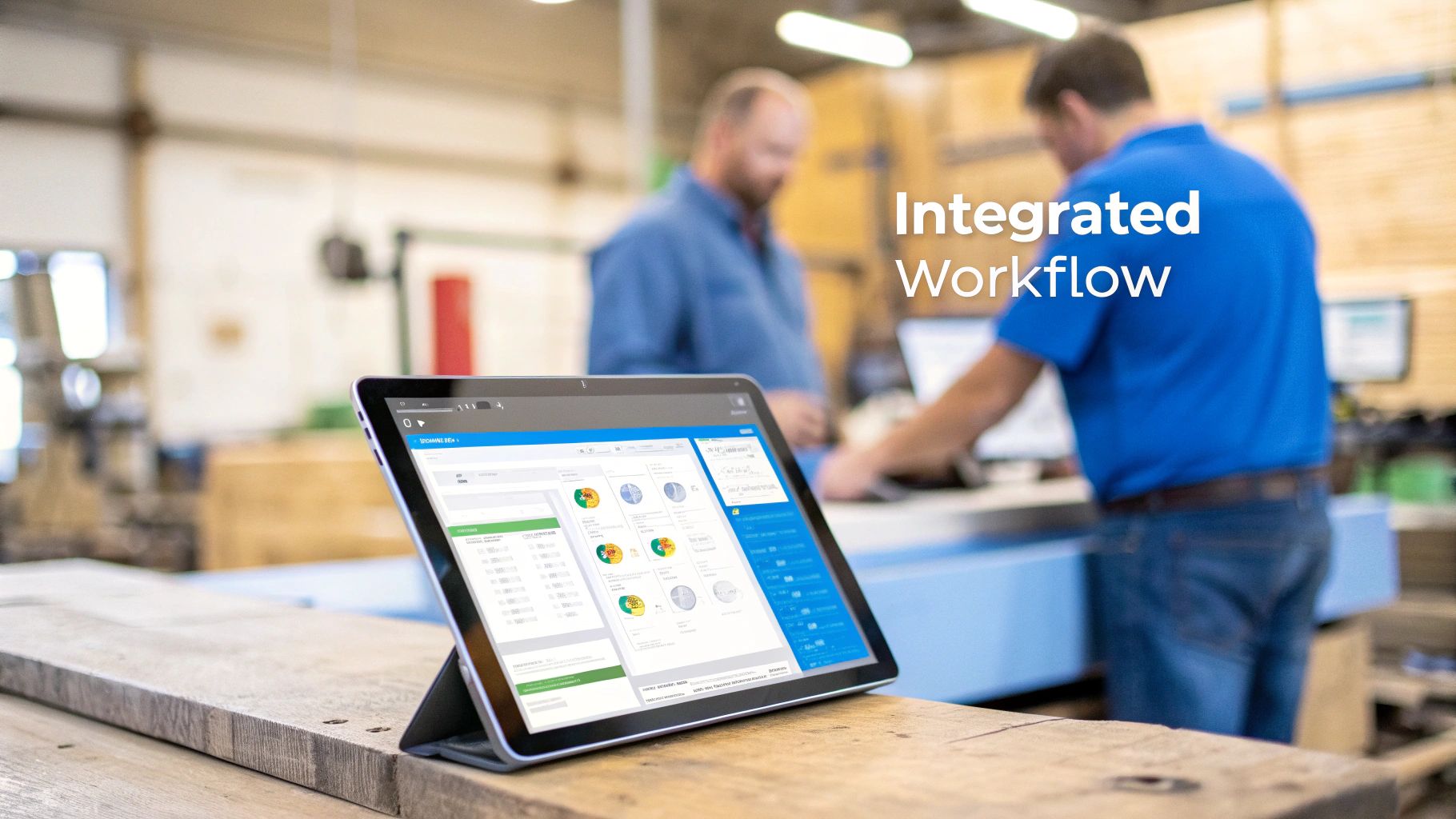 A tablet displays a digital workflow dashboard with charts, in a factory setting with workers.