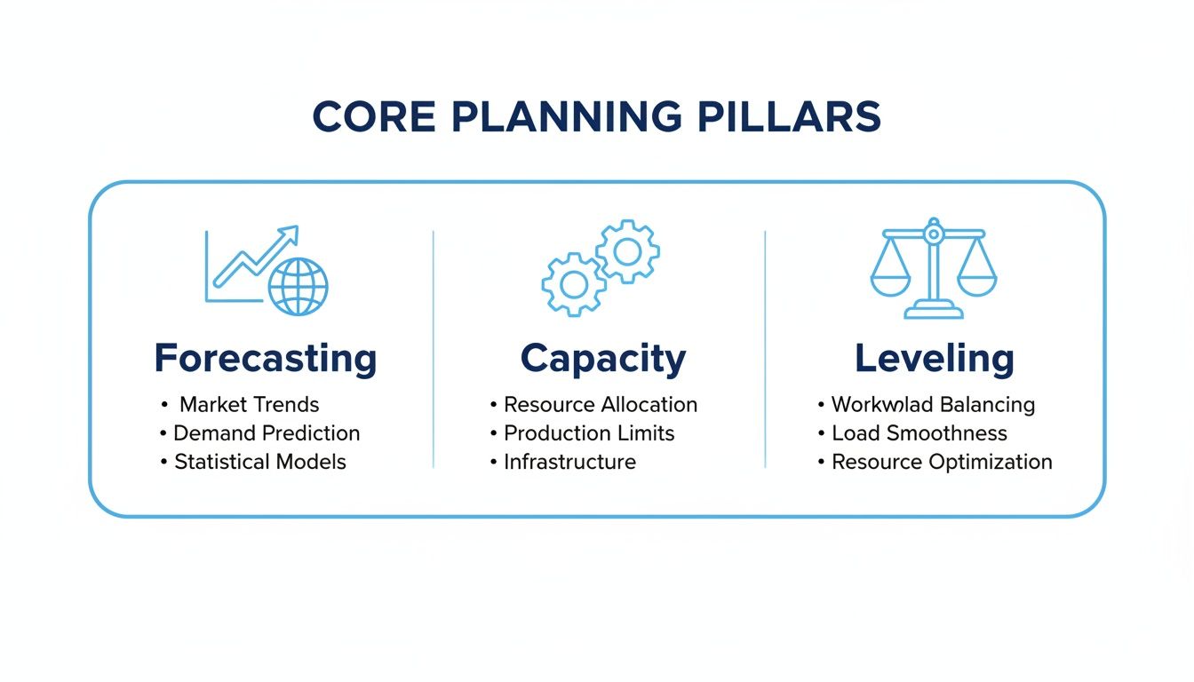 An infographic illustrating core planning pillars: Forecasting, Capacity, and Leveling, with key components for each.