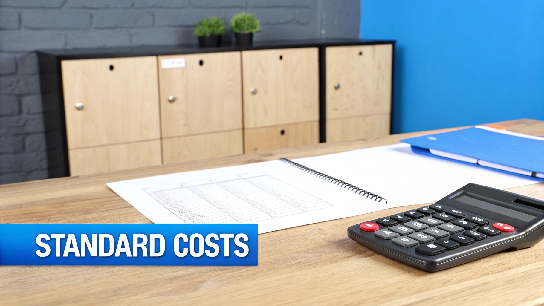 A calculator, notebook with a spreadsheet, and folder on a desk, with 'STANDARD COSTS' banner.