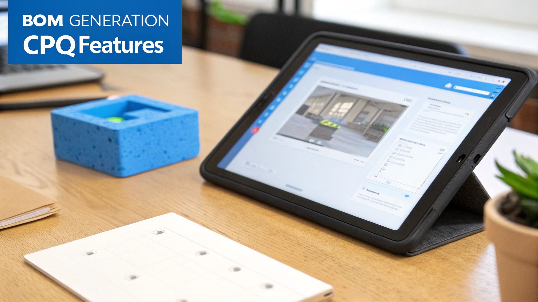 A tablet displaying CPQ software features on a wooden desk, next to a blue object.
