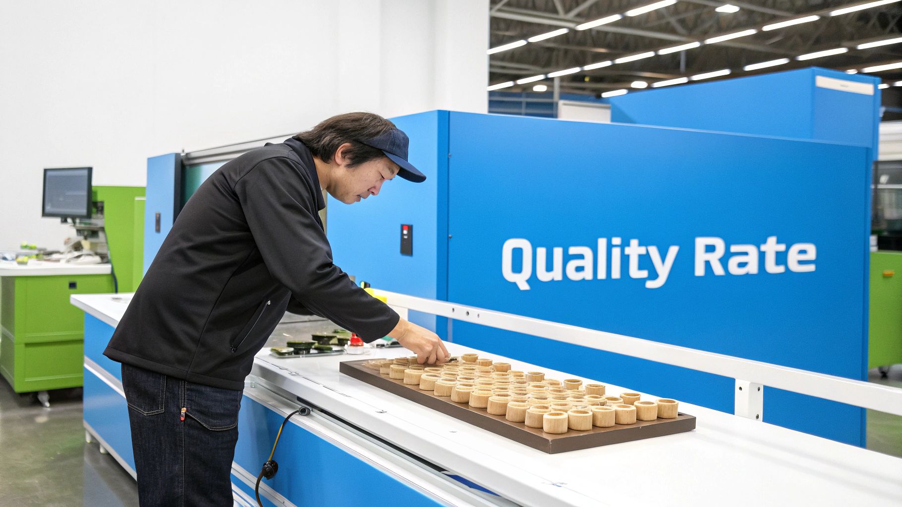 A man in a cap performs quality control on wooden parts at a blue "Quality Rate" machine.