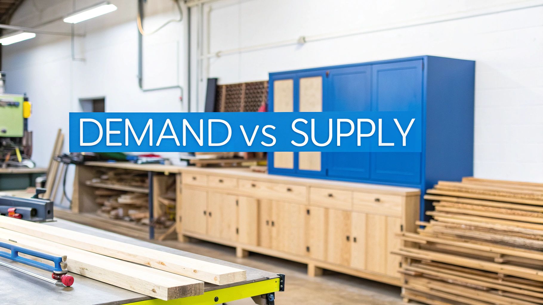 A busy woodworking shop floor with raw wood planks, tools, cabinets, and a 'DEMAND vs SUPPLY' banner.