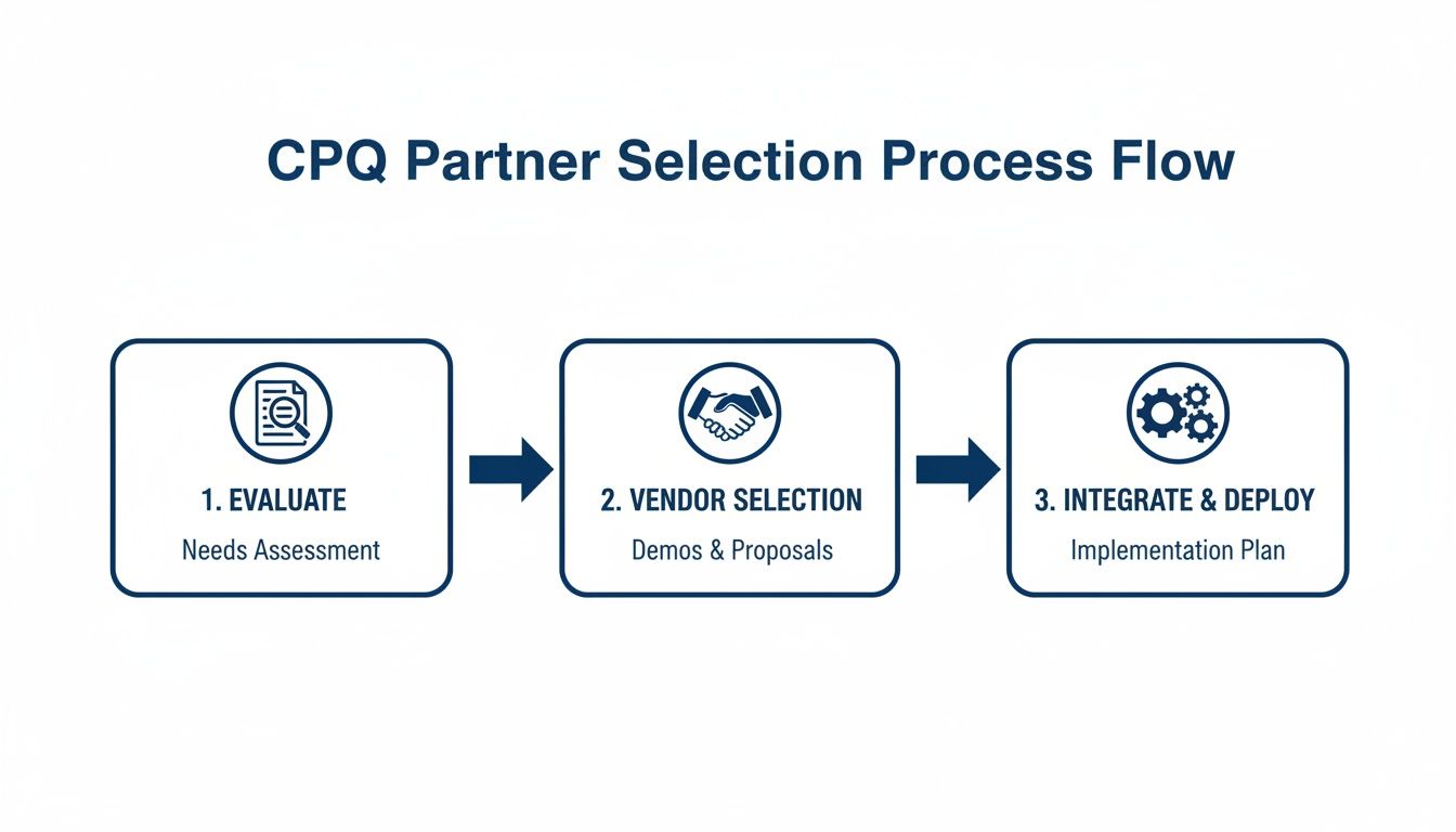 Flowchart illustrating the CPQ partner selection process with three main steps.