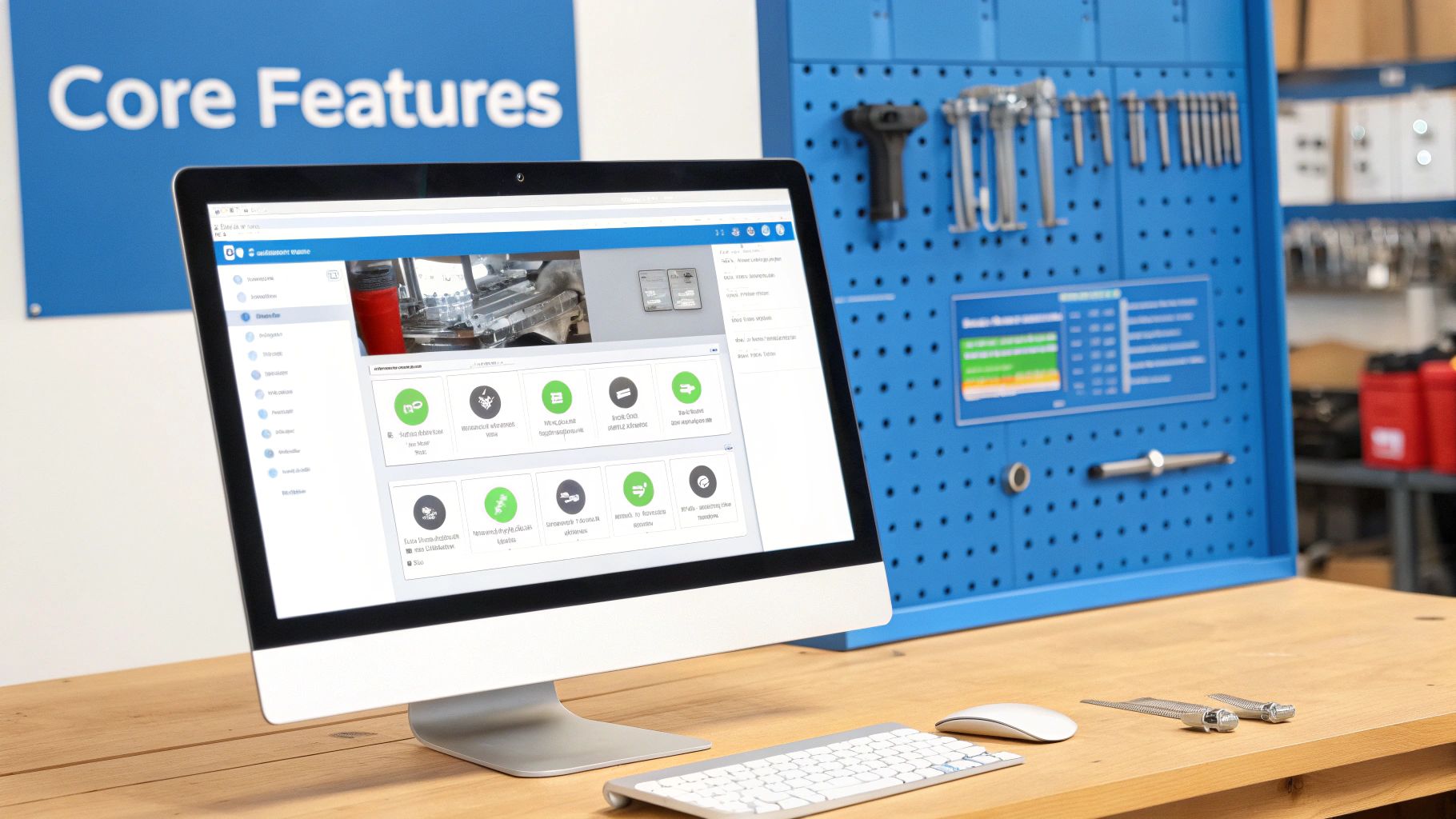 Desktop computer featuring manufacturing software on a wooden desk in a workshop setting.