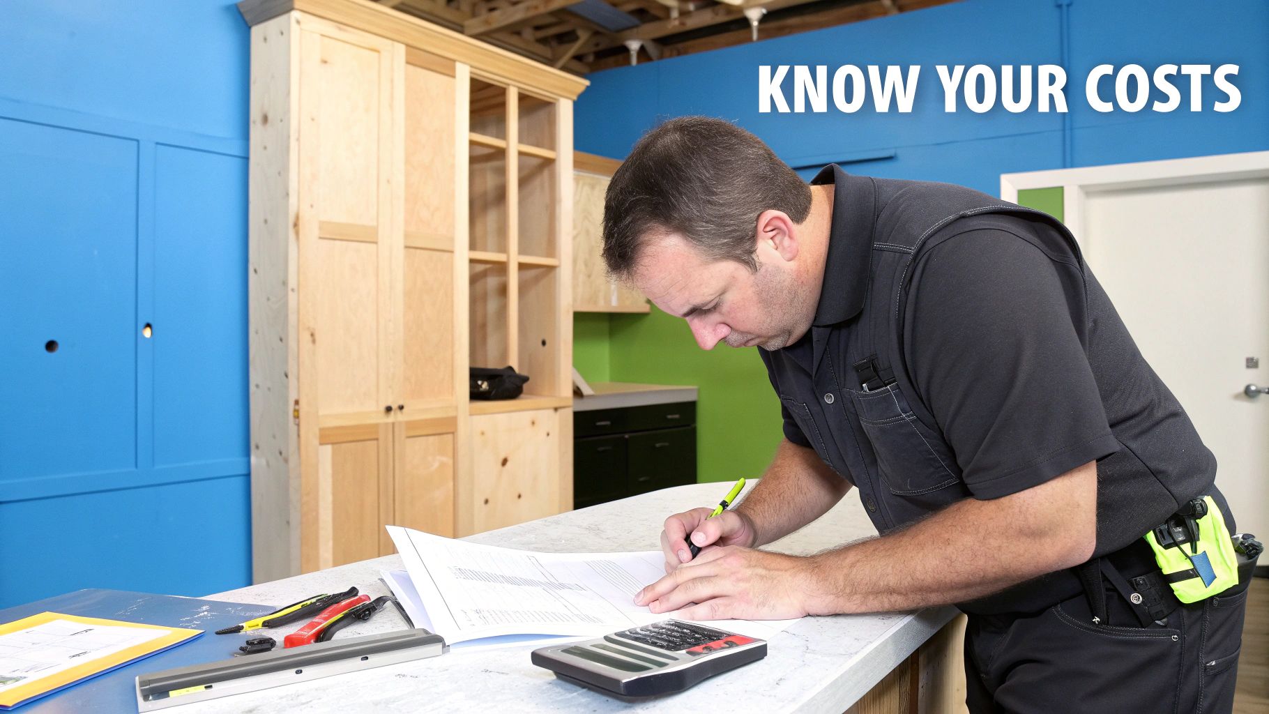 A man in a workshop calculates costs, reviewing documents with a calculator next to wooden cabinets.