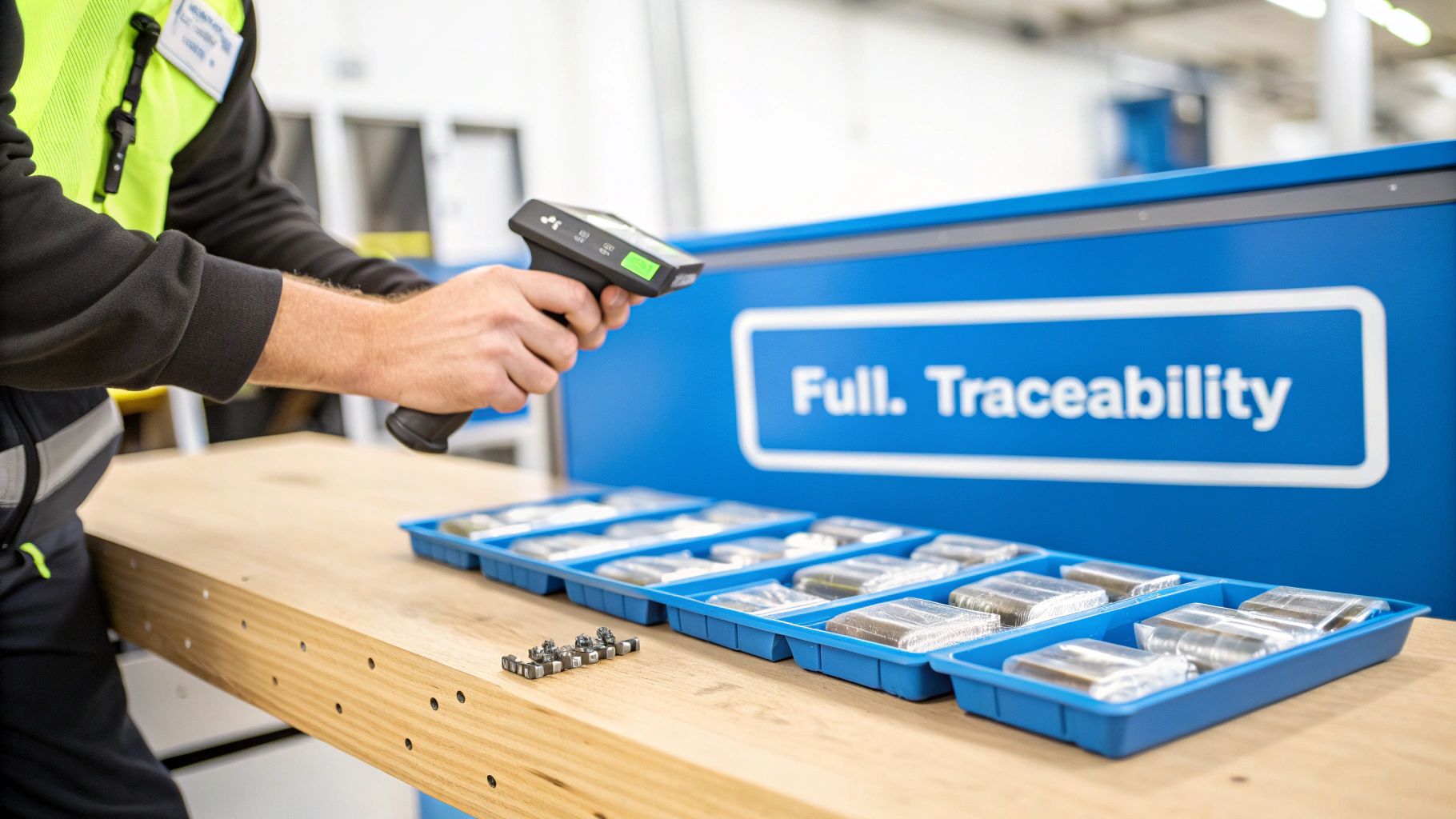 Worker in safety vest scanning packaged parts on a workbench with 'Full. Traceability' sign.
