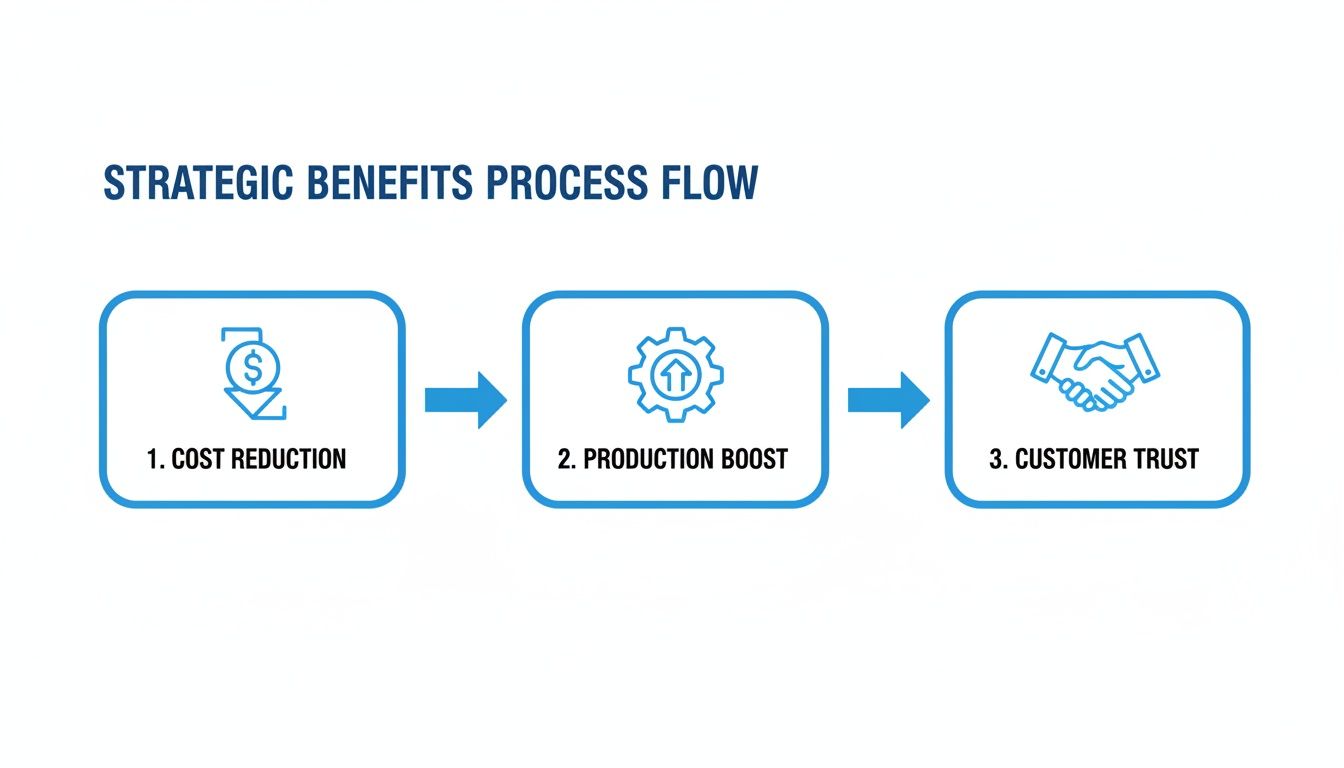 A strategic benefits process flow diagram showing cost reduction, production boost, and customer trust.
