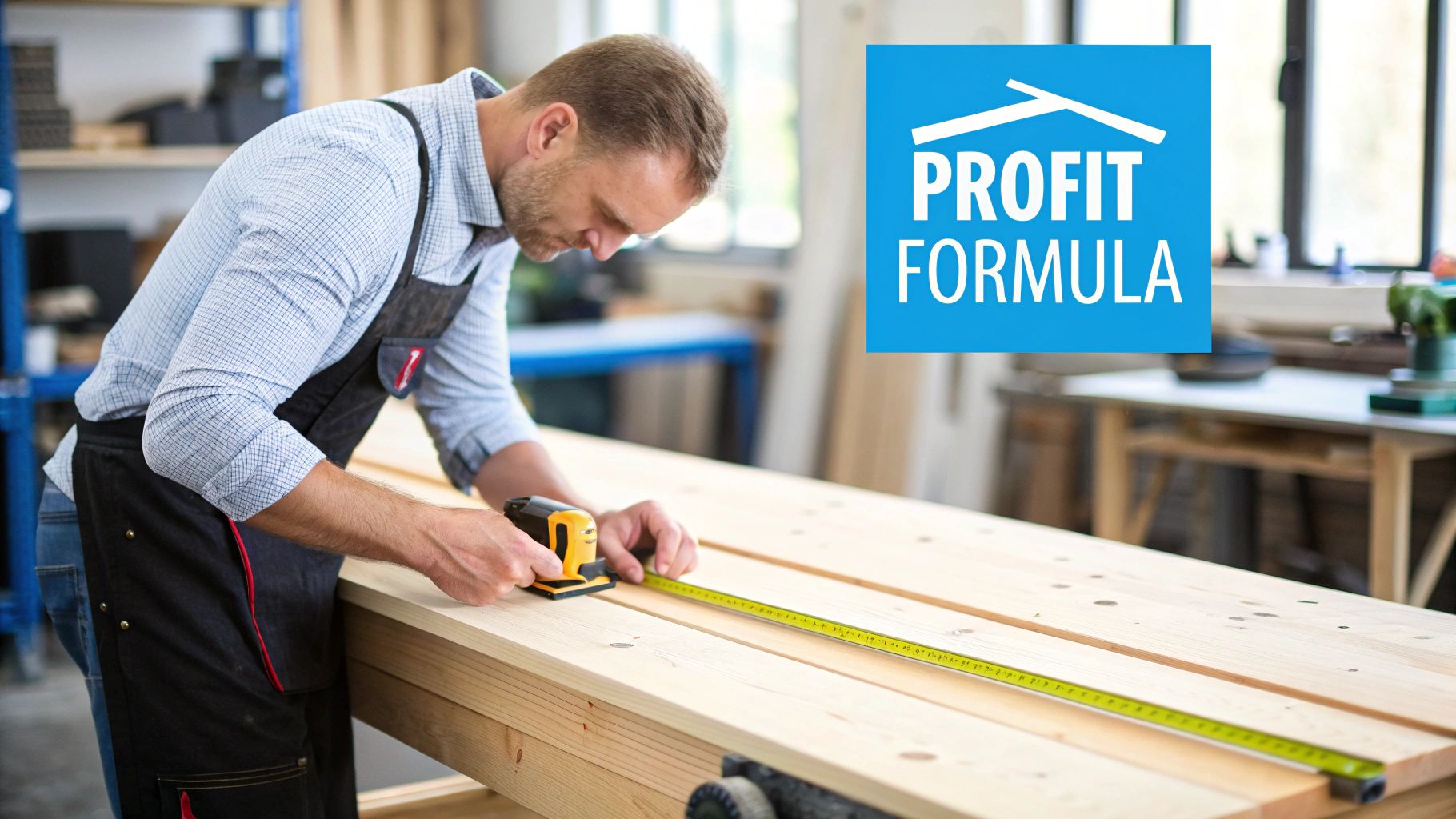 A man in an apron measures a wooden board with a tape measure and marking tool in a workshop.
