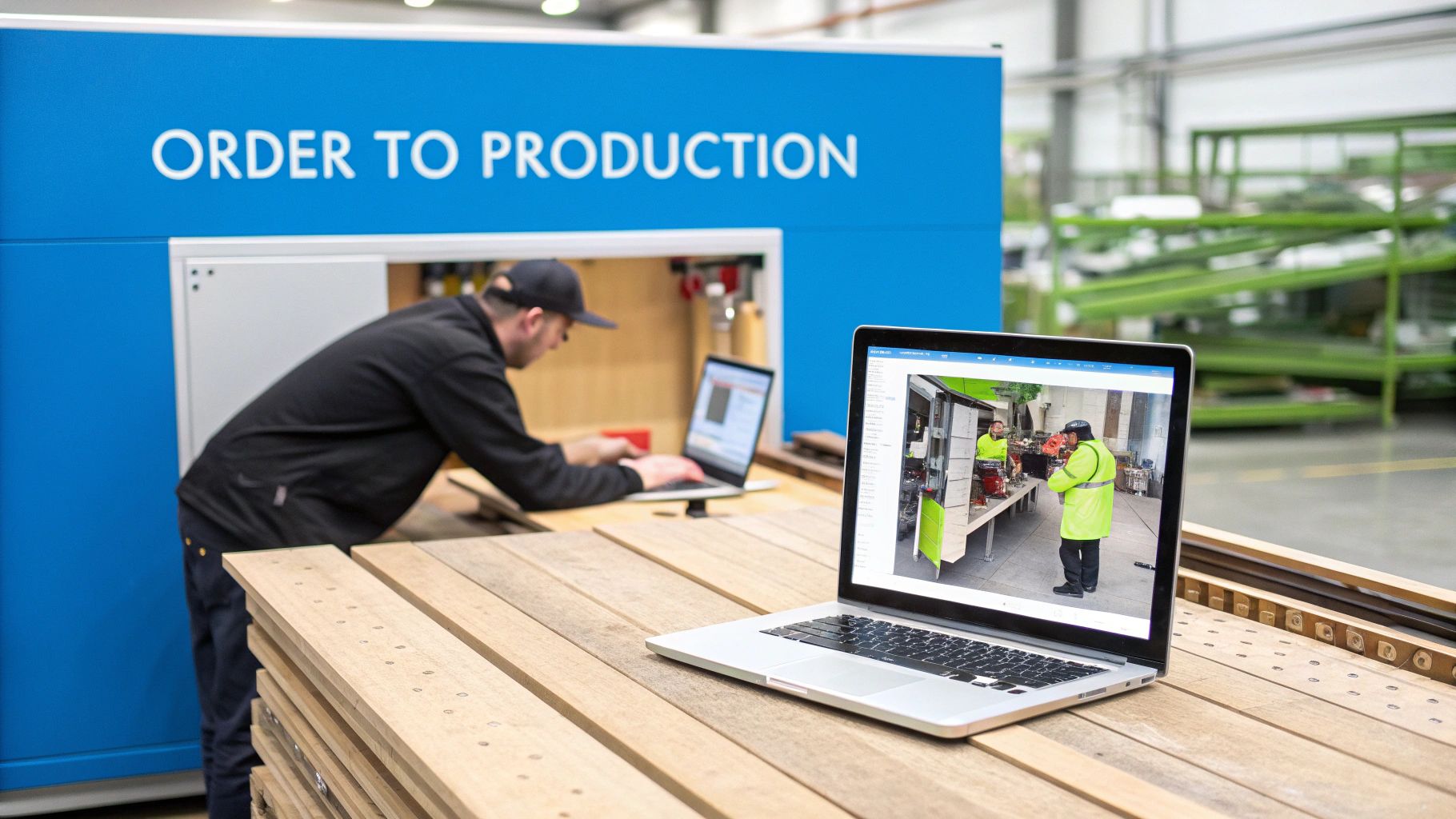 A person works on two laptops in a factory, with an 'ORDER TO PRODUCTION' sign overhead.