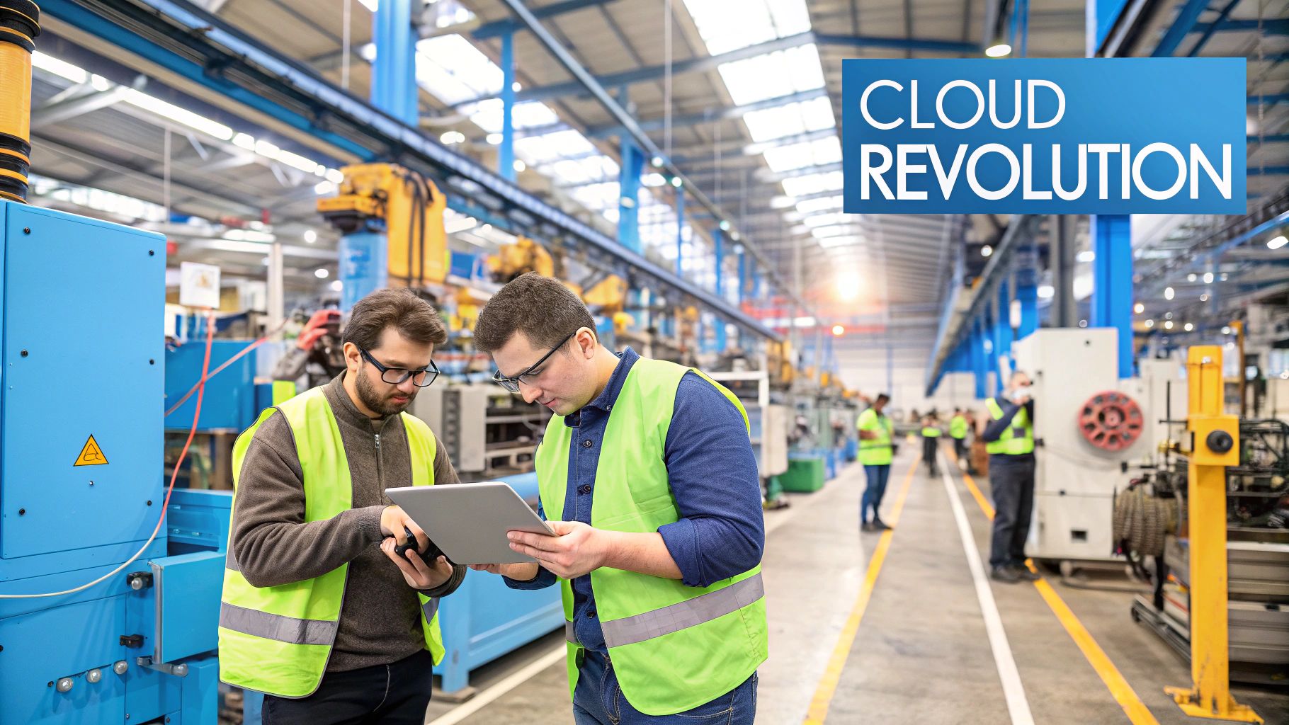A modern factory floor with workers using tablets connected to the cloud, showing data visualization and automation.