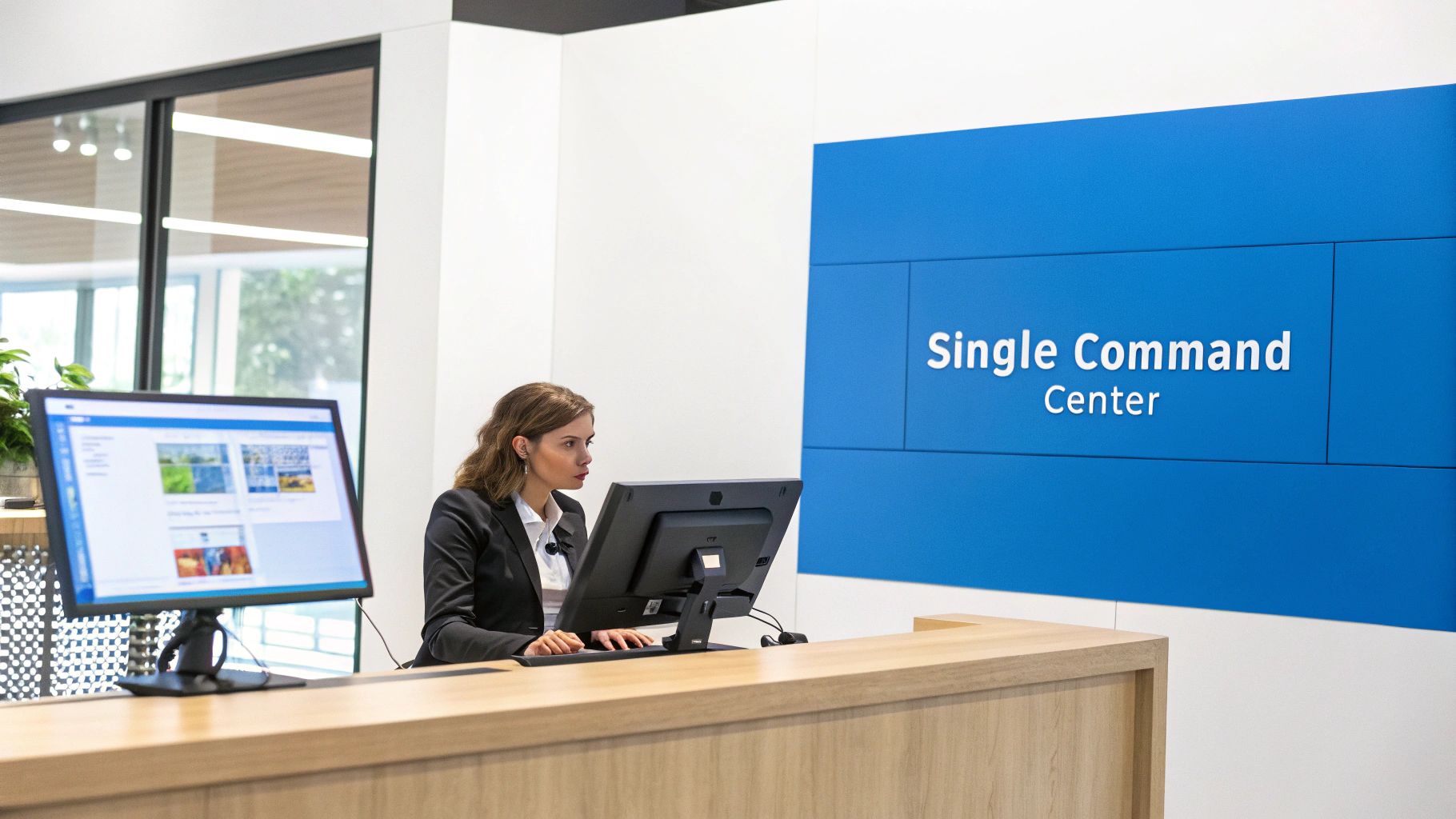 A woman works at a computer desk in an office with a 'Single Command Center' sign.