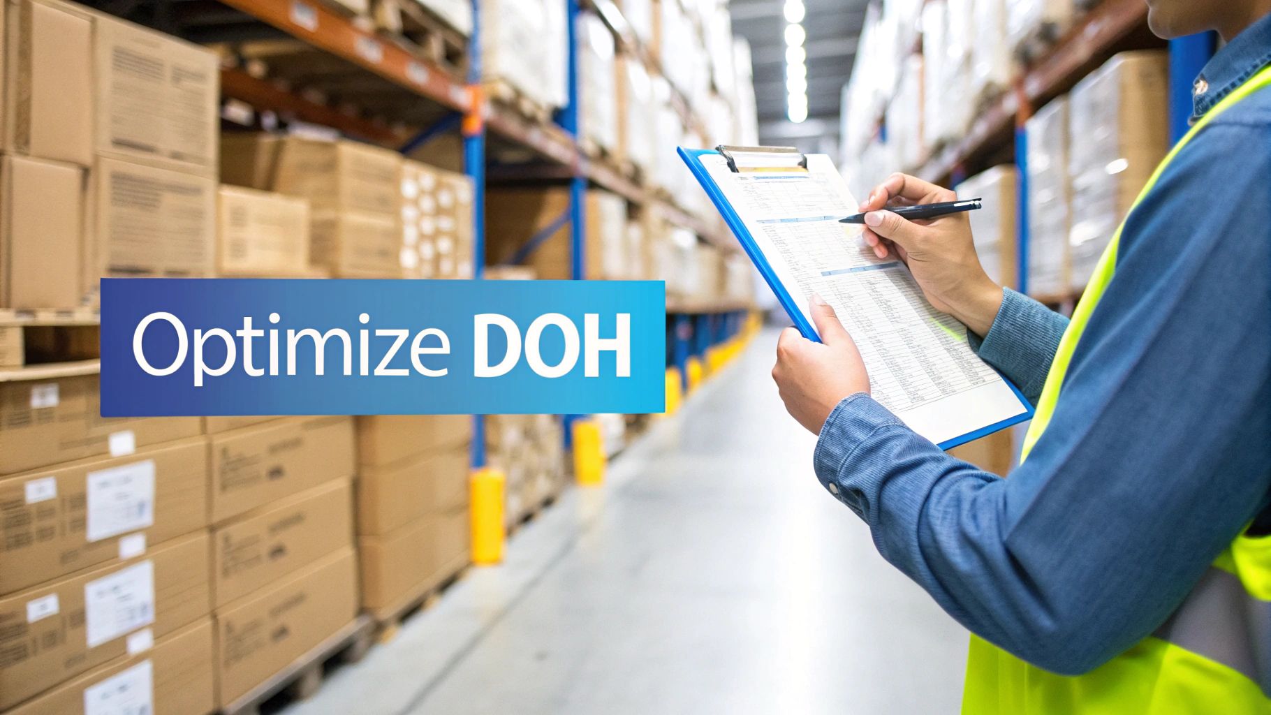 A person using a tablet to review inventory data in a modern warehouse setting.
