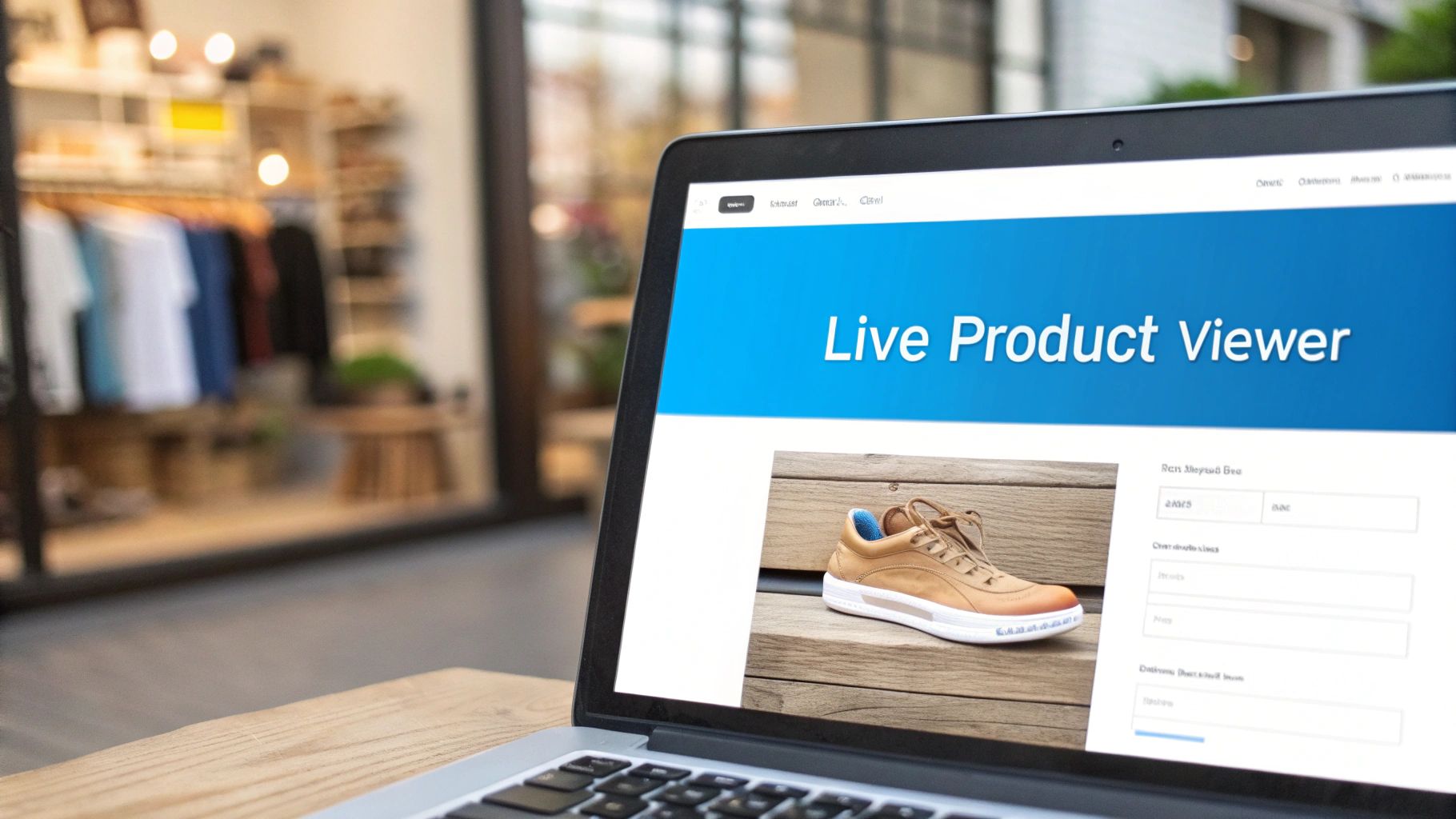 Laptop displaying a live product viewer of a stylish brown shoe, with a blurred retail store in the background.