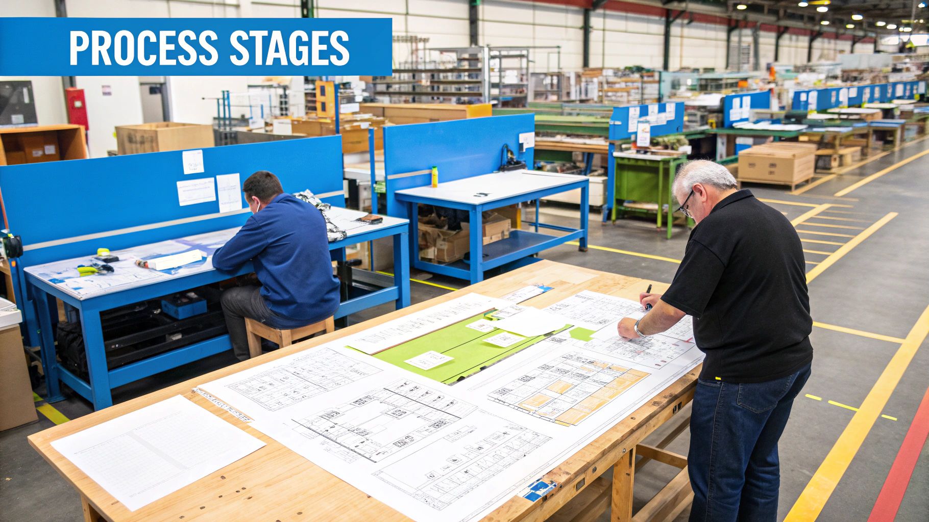 A detailed technical drawing being reviewed by an engineer on a tablet, with a factory floor visible in the background.