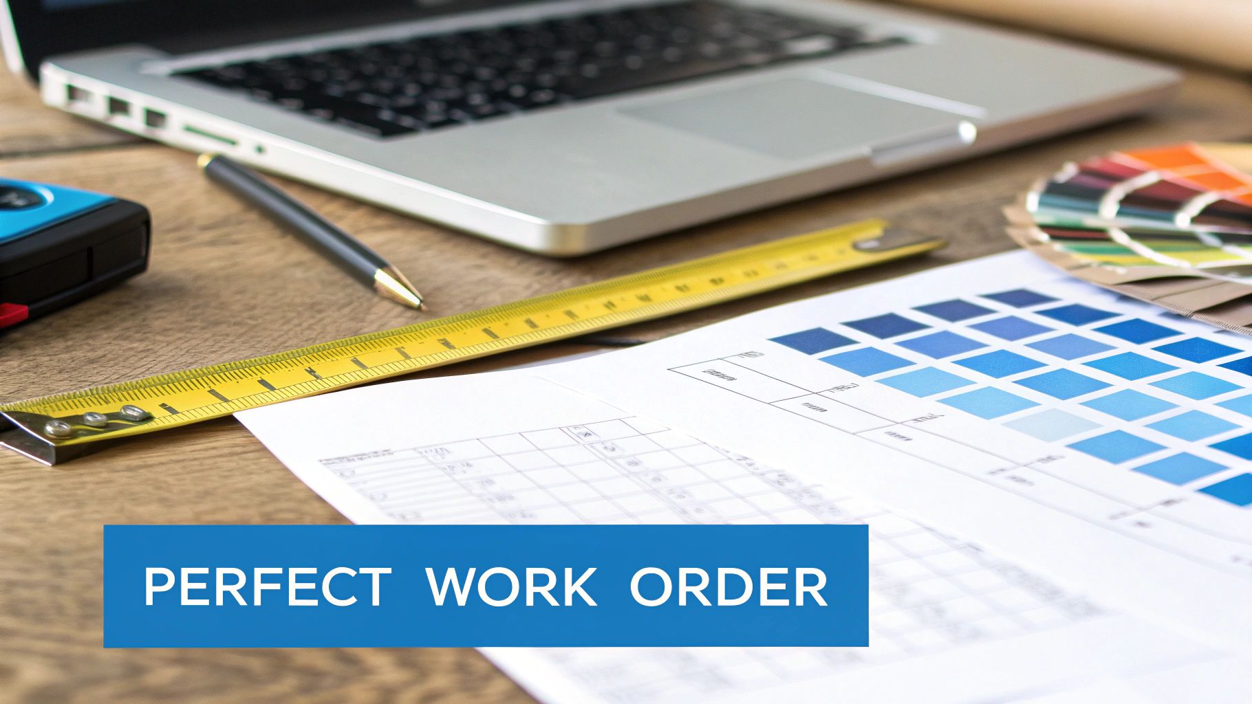 A desk with a laptop, measuring tape, color swatches, and documents related to a work order.