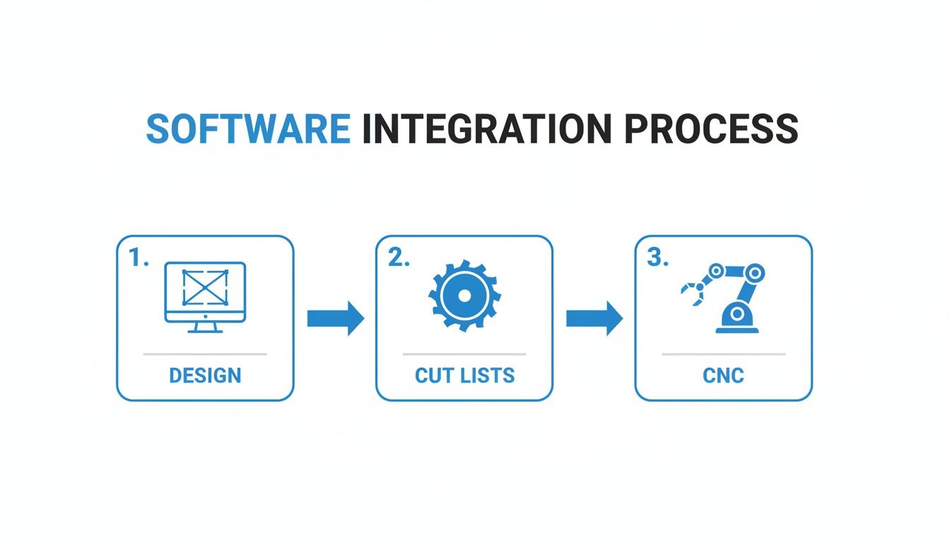 A diagram illustrates the software integration process with steps: design, cut lists, and CNC manufacturing.
