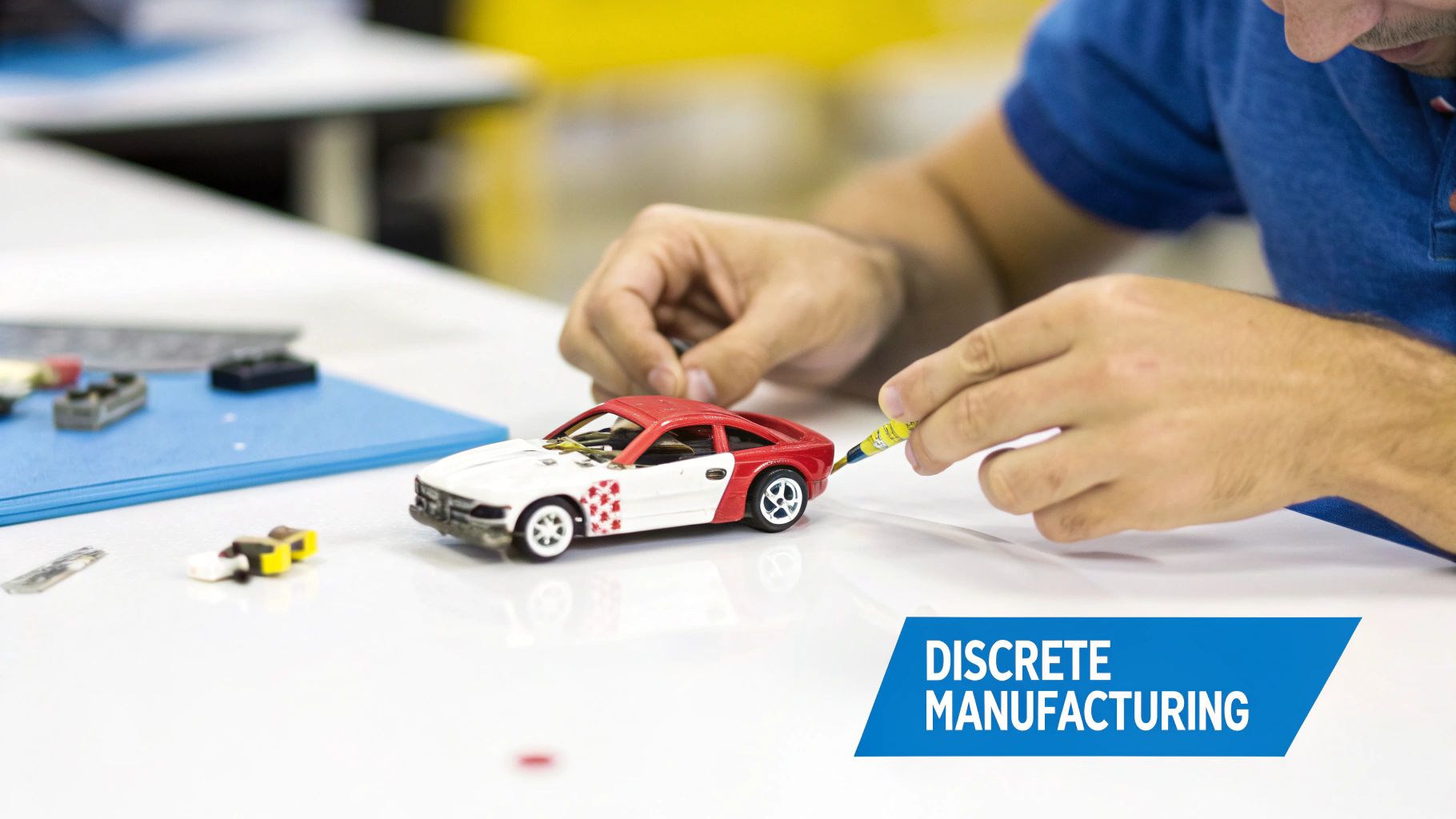 Assembly line showing the discrete manufacturing process of building cars