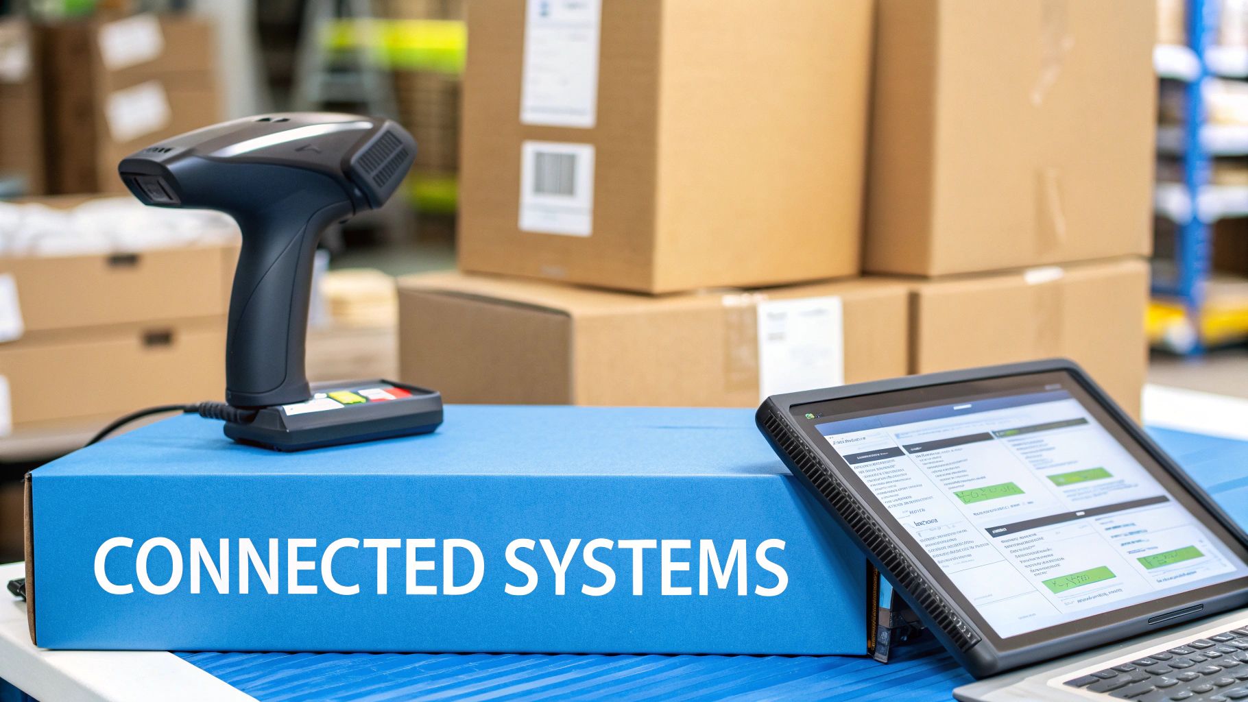 Illustration showing different software logos like Shopify, QuickBooks, and ShipStation connected to a central inventory management hub.