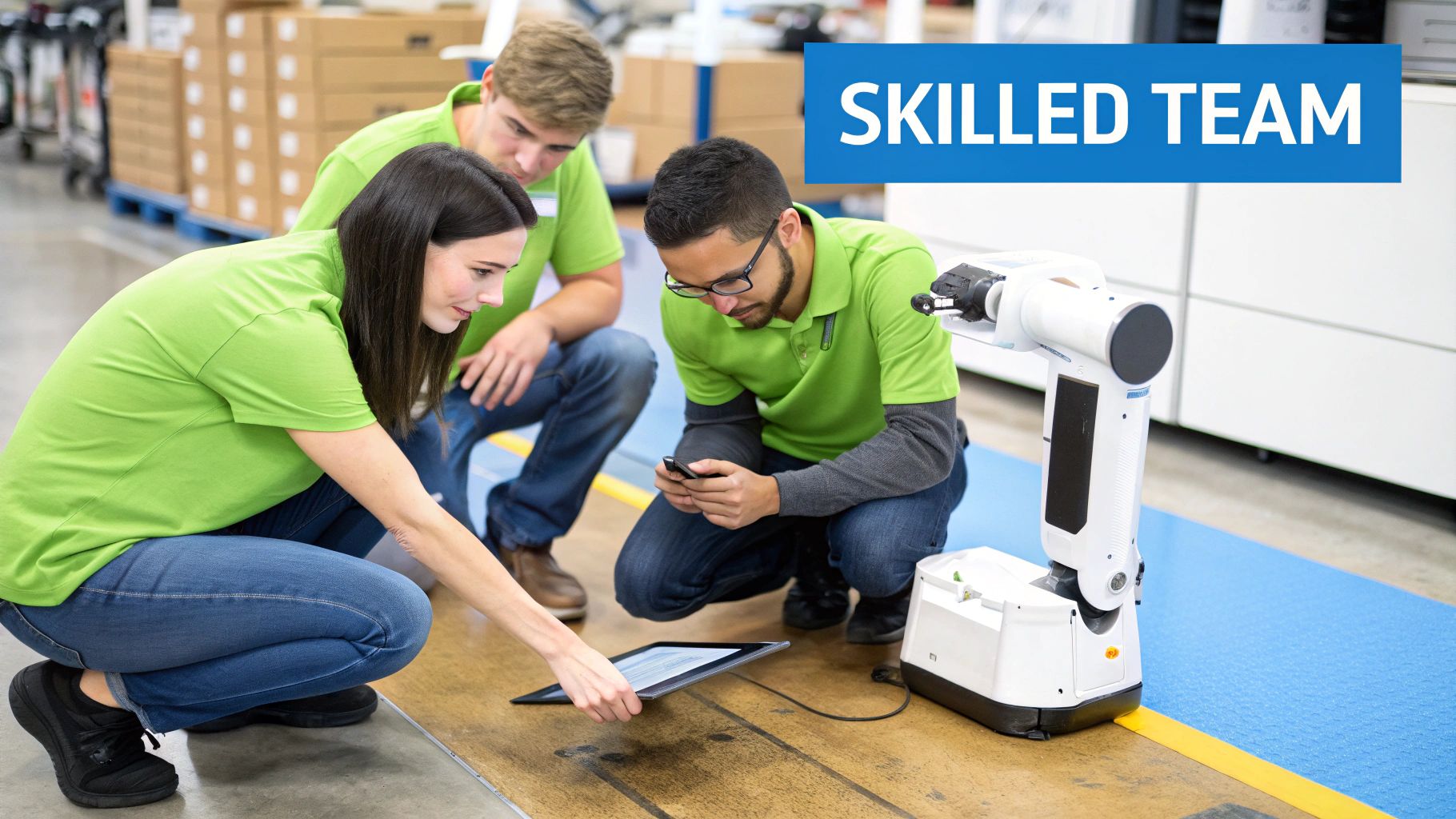 A diverse team of manufacturing workers collaborates around a digital tablet on the shop floor.