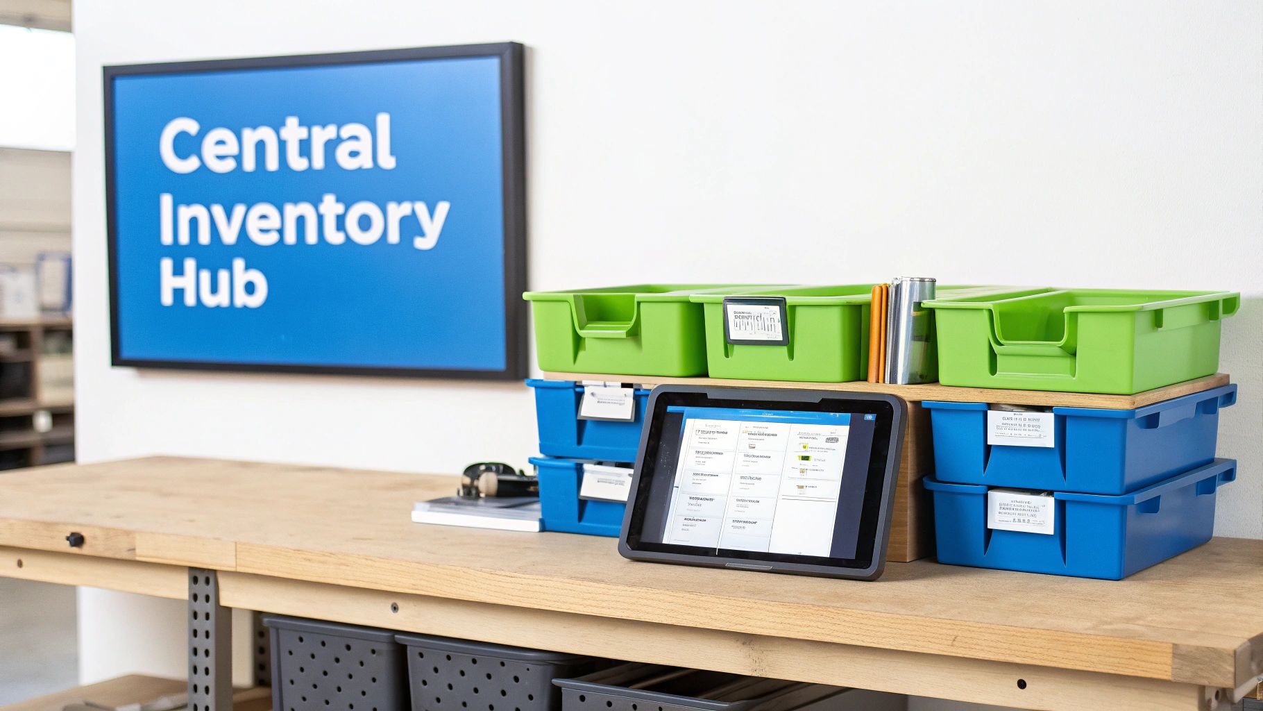 Tablet shows inventory software on a workbench with blue and green storage bins, next to a 'Central Inventory Hub' sign.