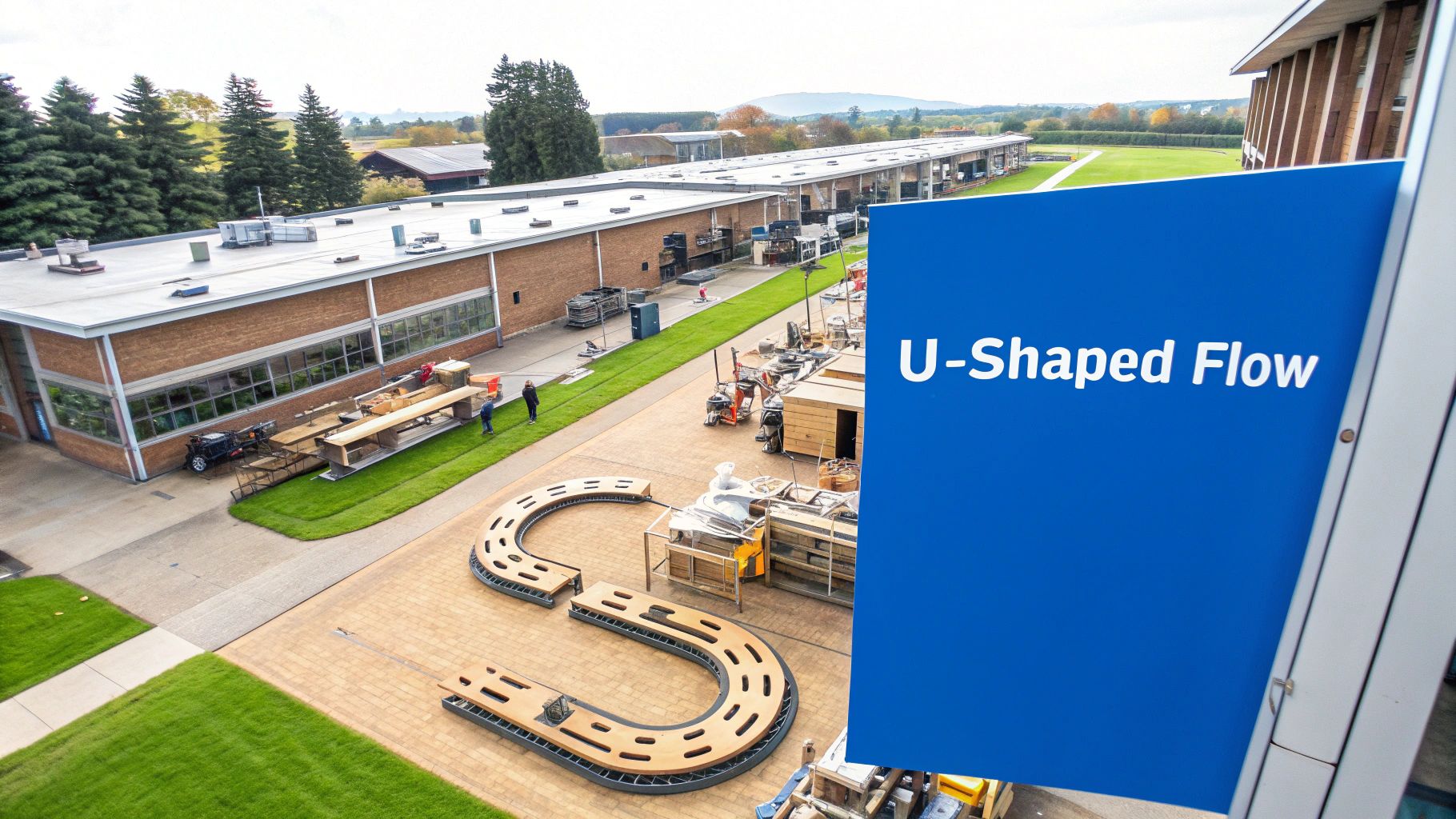 Overhead view of a facility with a large U-shaped layout on pavement, and a 'U-Shaped Flow' sign.