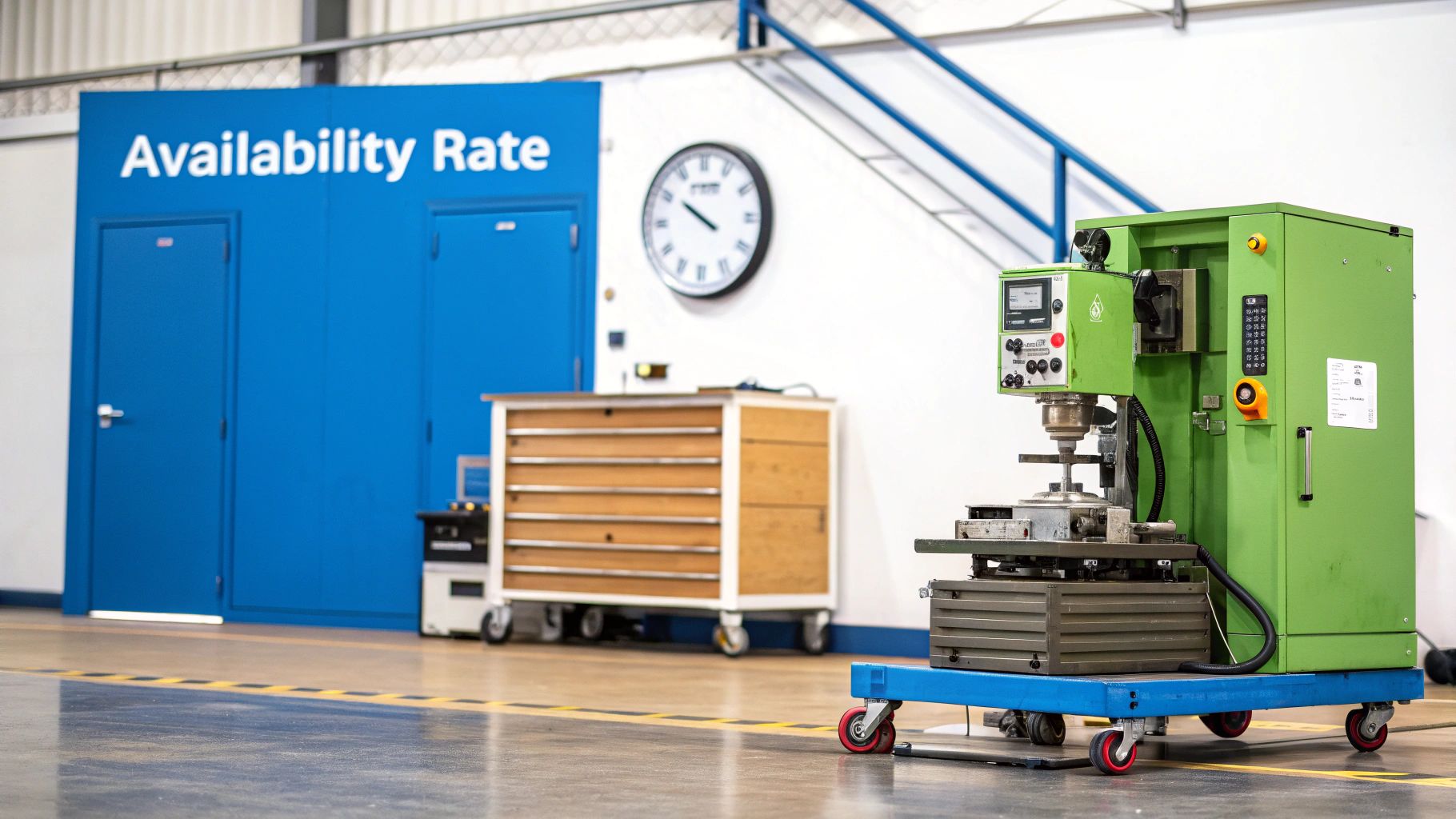 A green industrial machine on a blue cart in a factory with 'Availability Rate' on a blue wall.