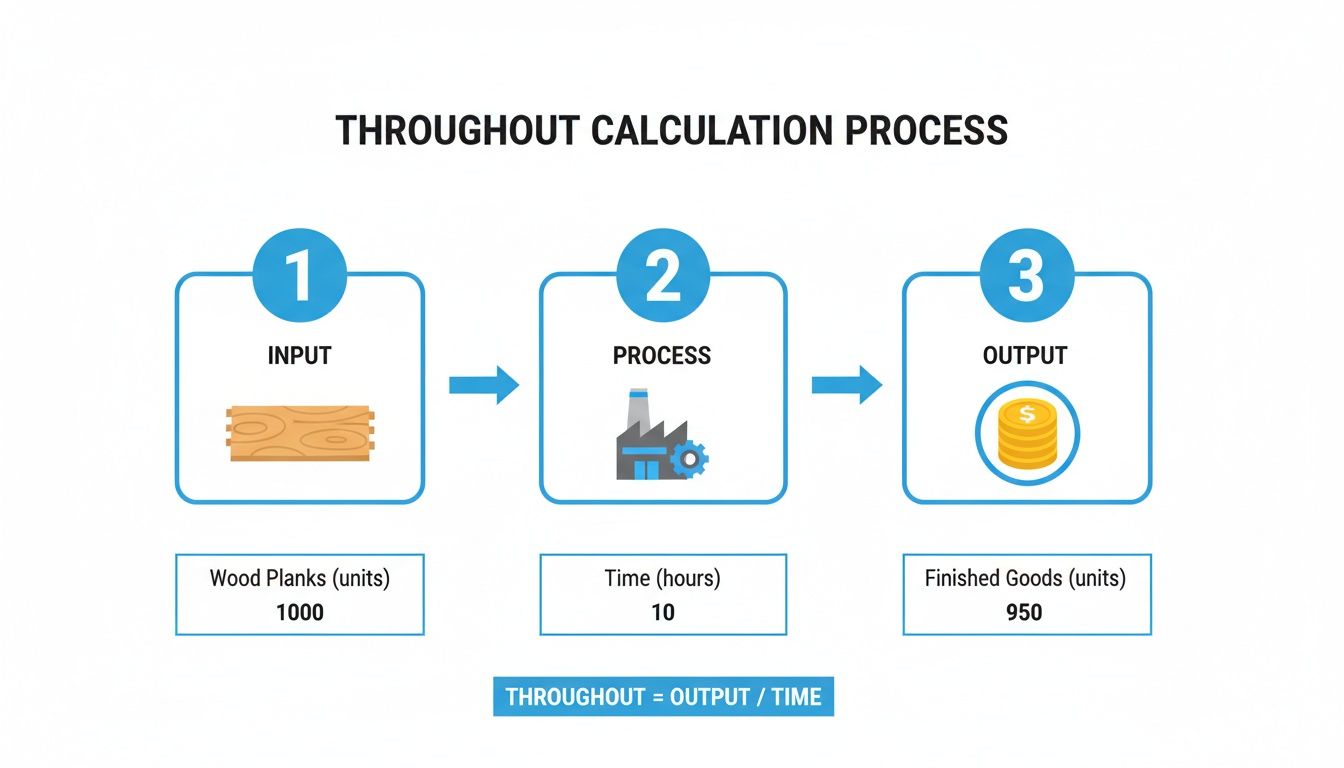 An infographic detailing the throughput calculation process, showing input, process, output, and the formula.