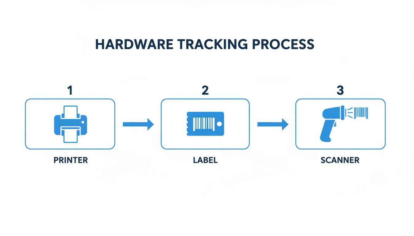 Flowchart showing the hardware tracking process, from printing a label to scanning it.