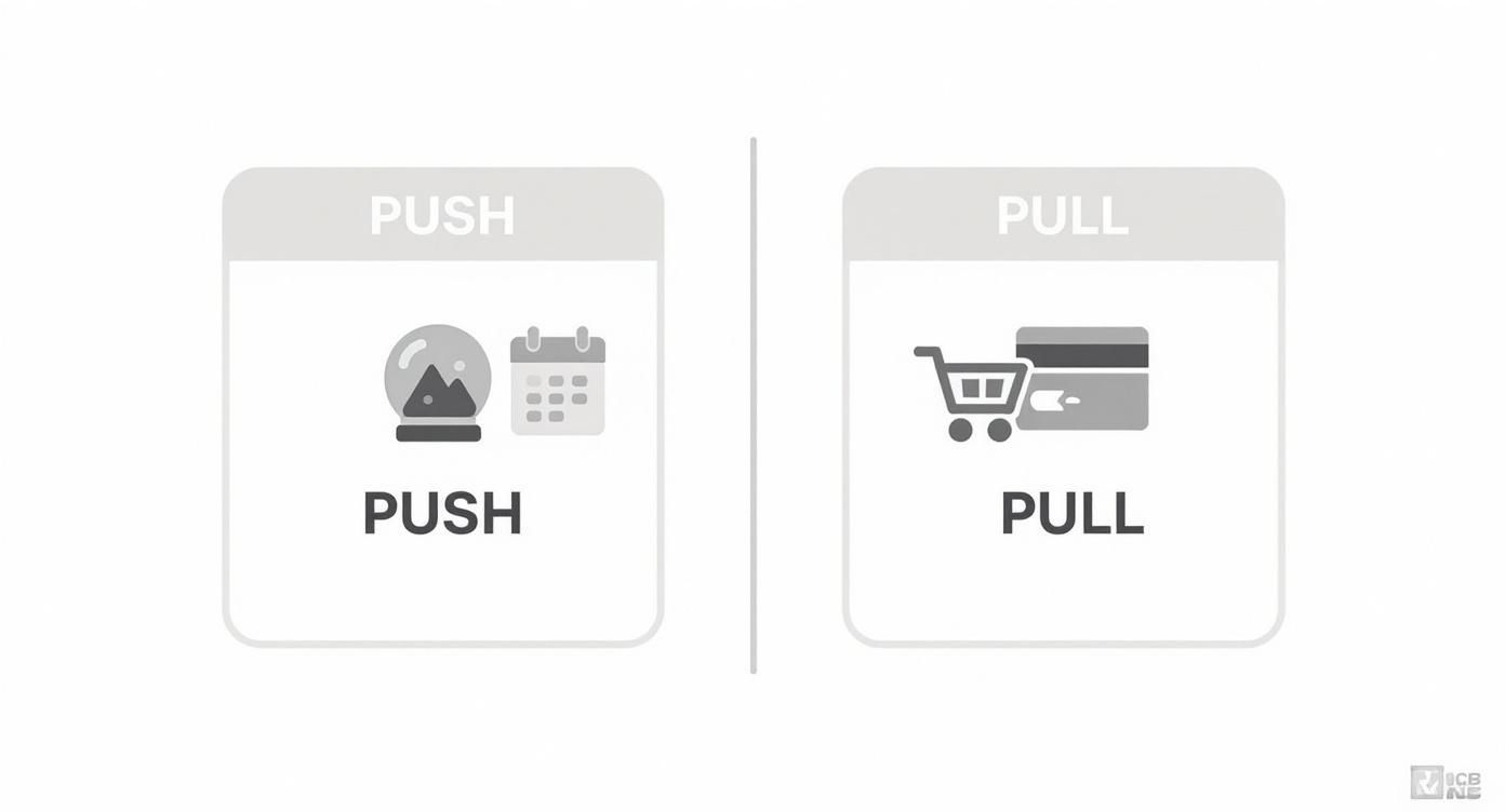 Comparison diagram showing push system with calendar and globe versus pull system with shopping cart