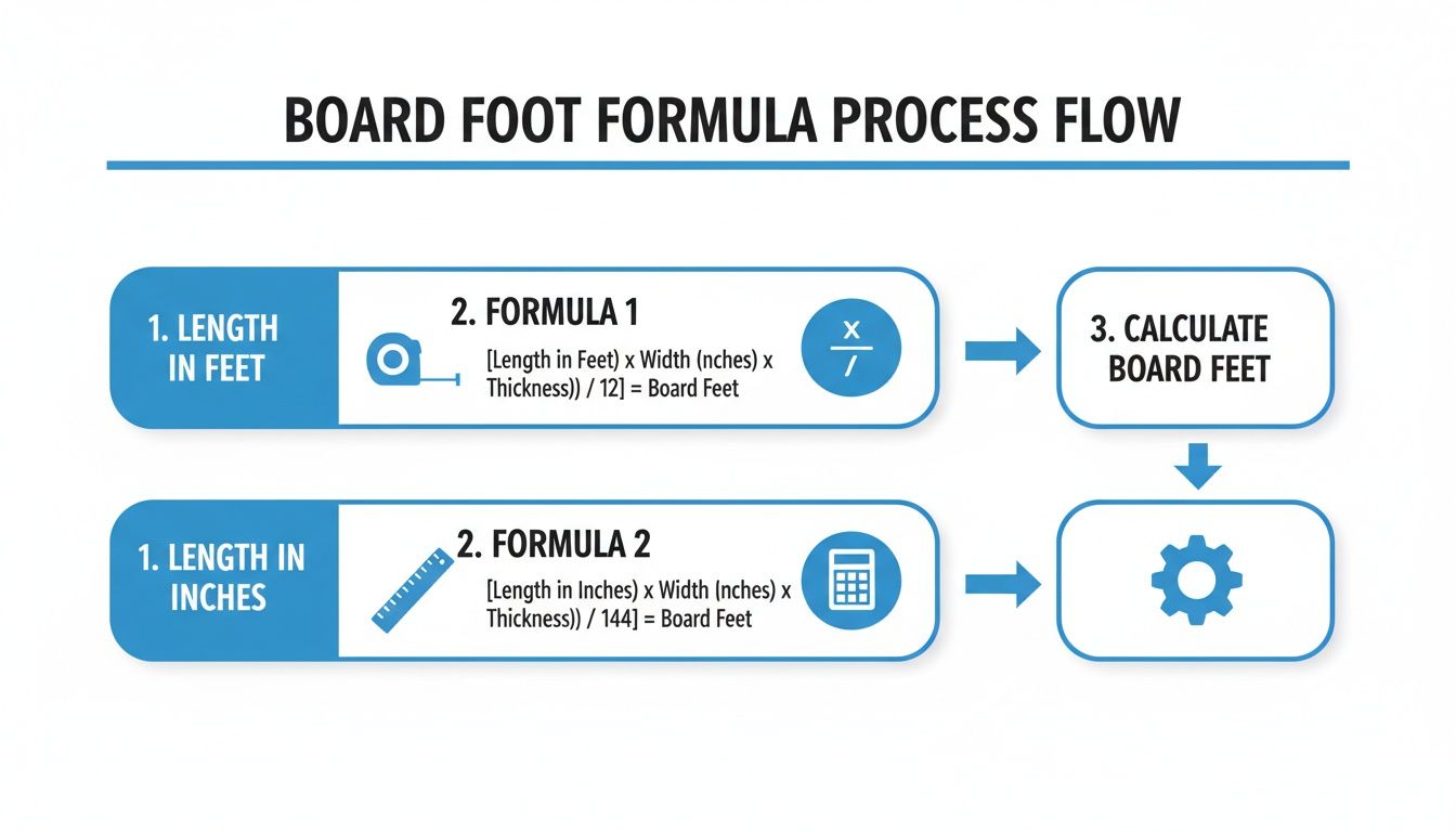 A flowchart illustrating two formulas for calculating board feet based on length in feet or inches.