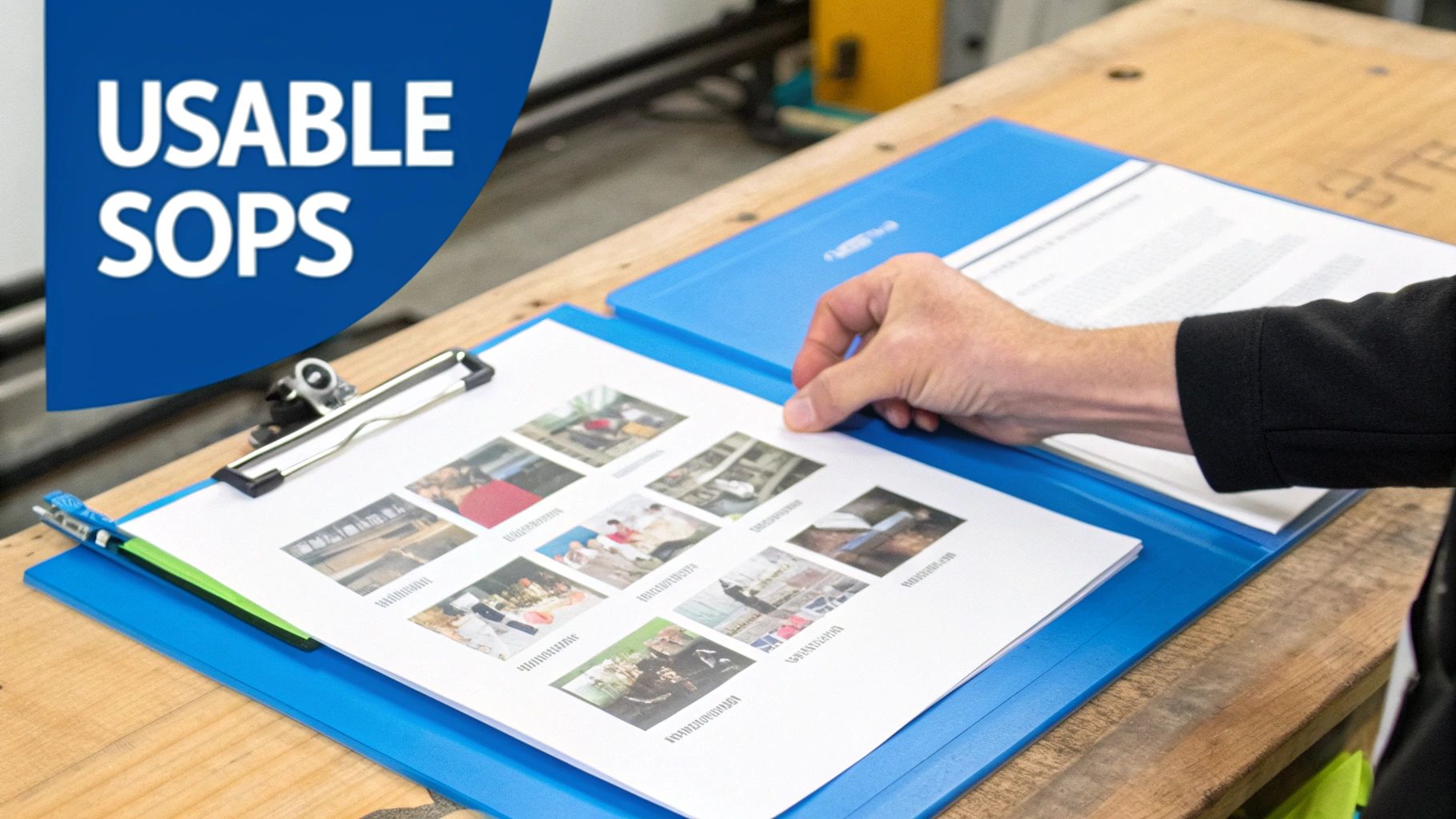 Person reviewing standard operating procedures documentation with photos on clipboard at manufacturing workstation