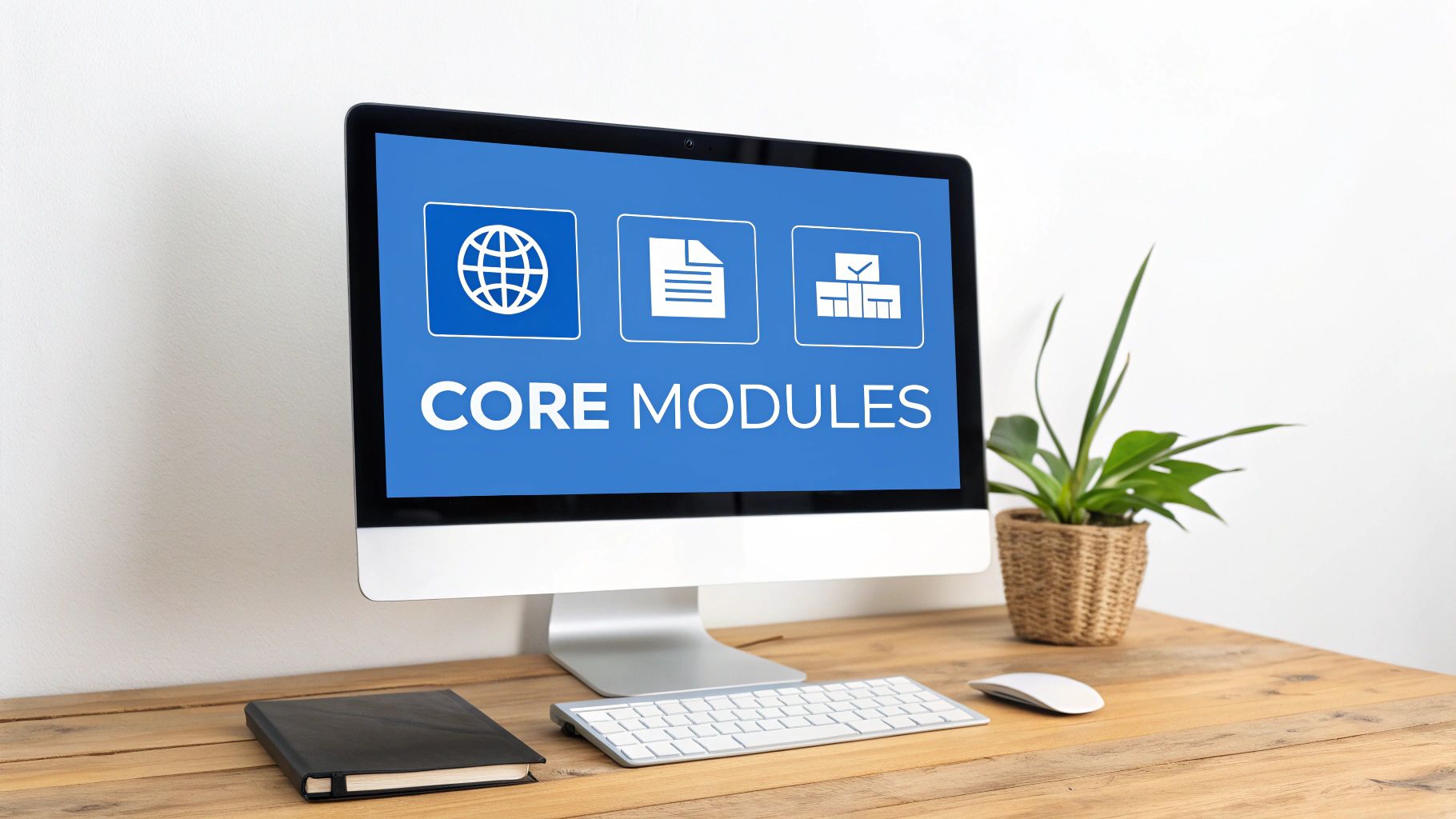 A detailed schematic of a custom-manufactured product on a computer screen, with ERP software in the background.