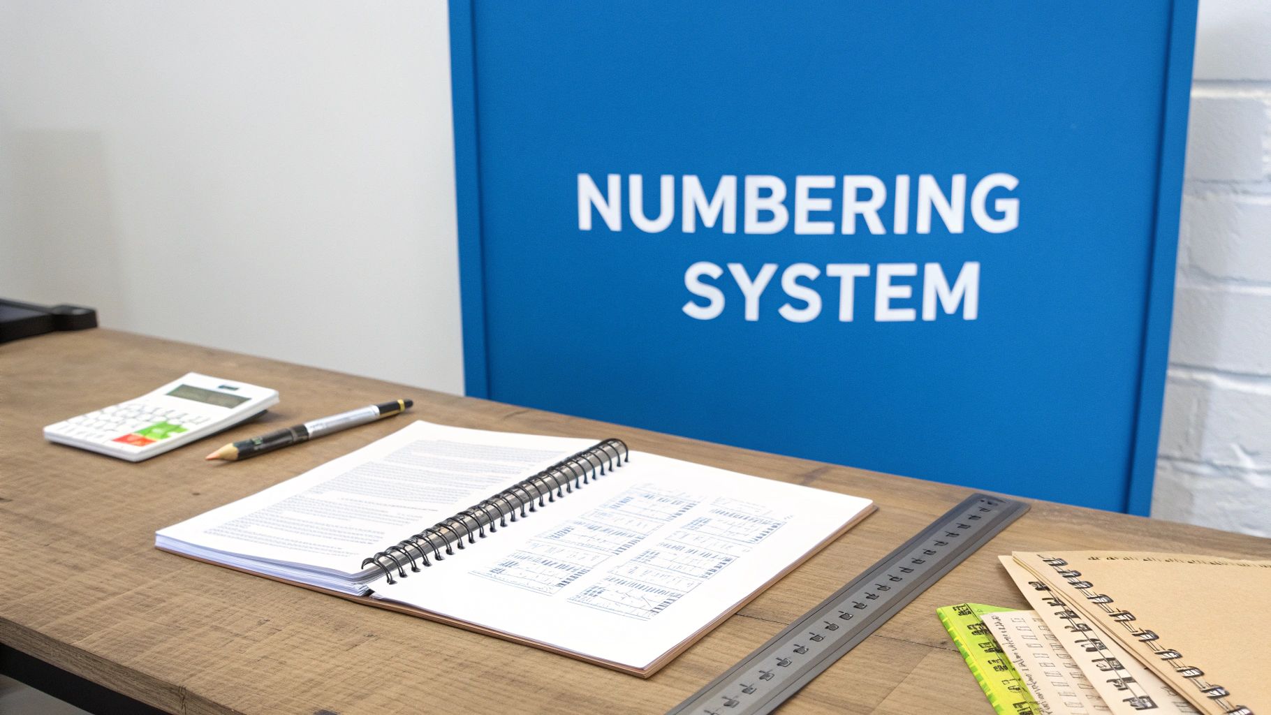 Office desk with calculator, pen, open notebook displaying diagrams, ruler, and a blue 'NUMBERING SYSTEM' sign.