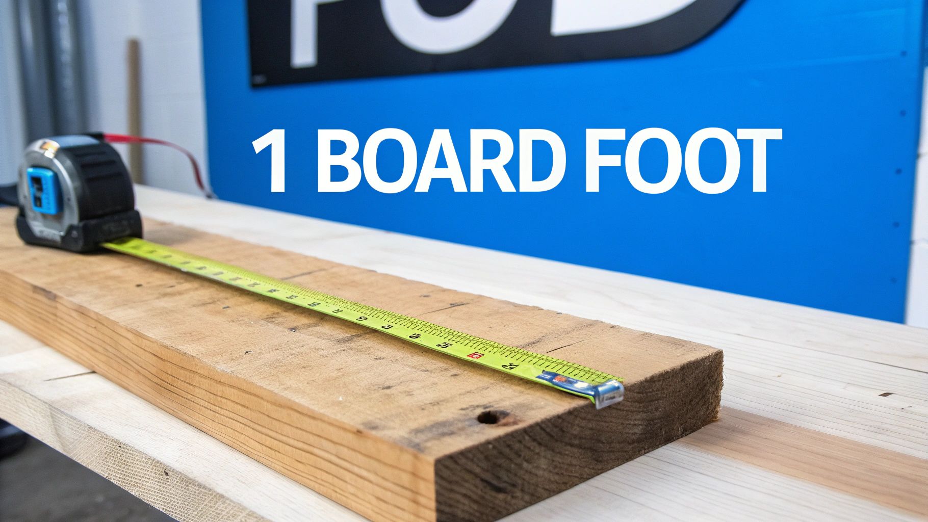 A yellow tape measure on a wooden plank against a blue wall with "1 BOARD FOOT" text.