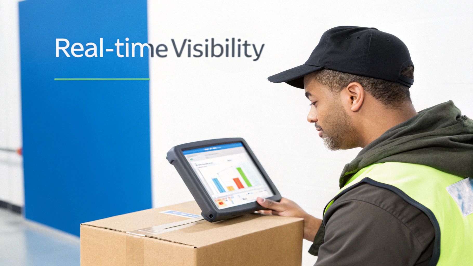 A warehouse worker scanning a barcode on a box with other packages in the background.