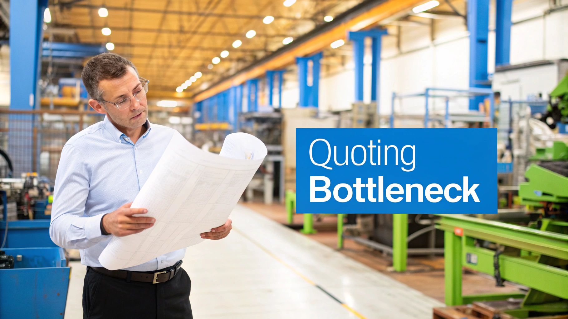 Man in a factory looking at blueprints, addressing the 'Quoting Bottleneck' in manufacturing.