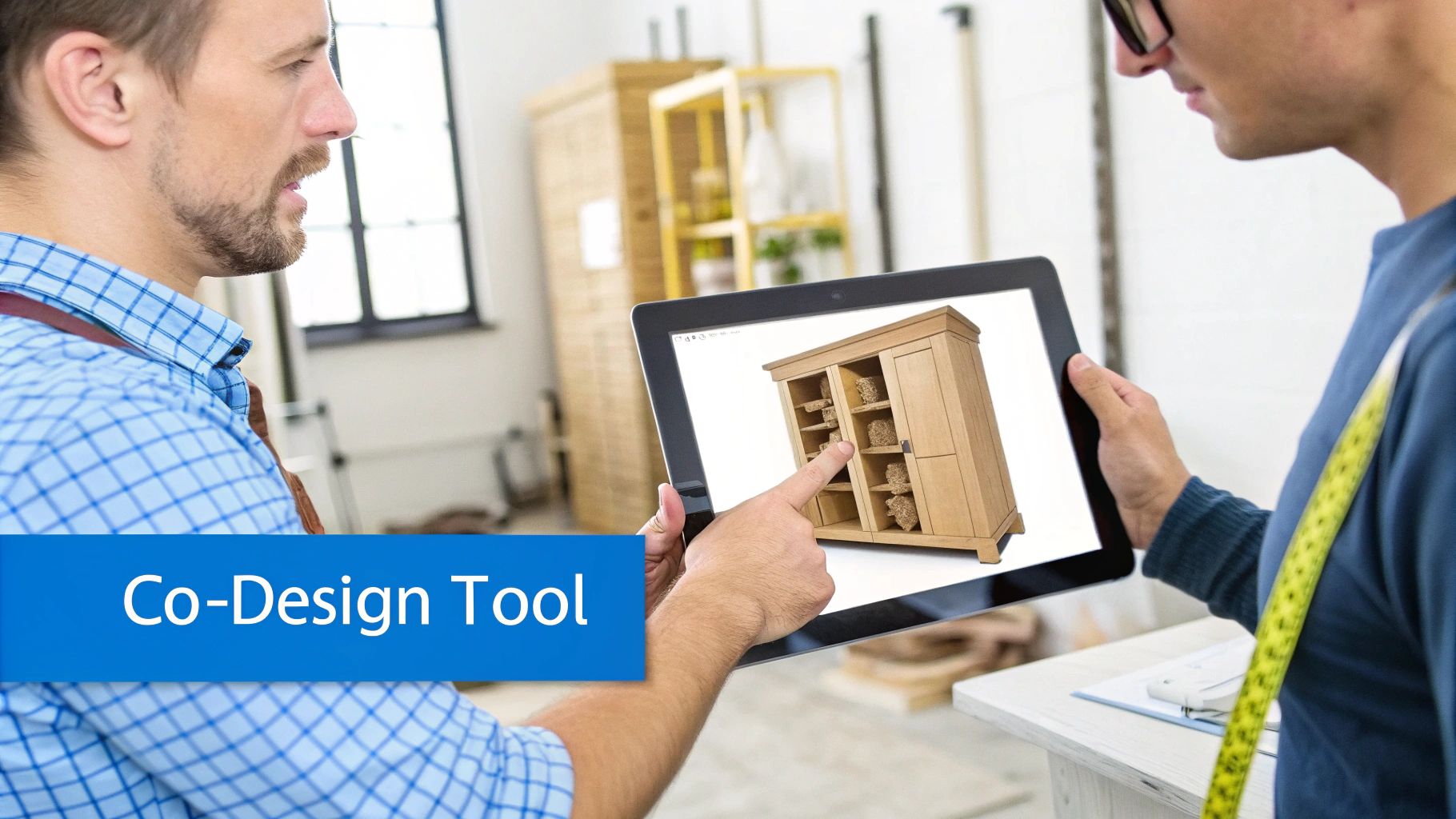 Craftsperson and client collaboratively designing a custom wooden cabinet using a co-design tool on a tablet.