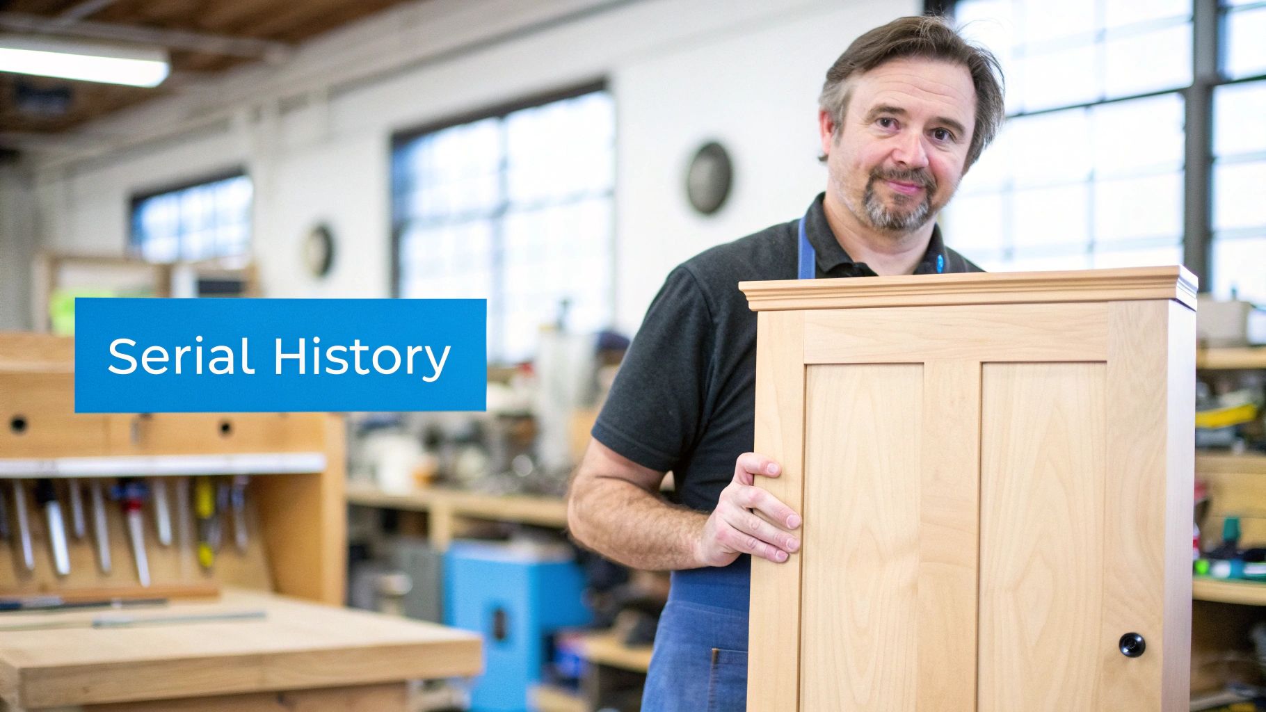 A smiling craftsman holds a light wood cabinet in his workshop, with a 'Serial History' banner.