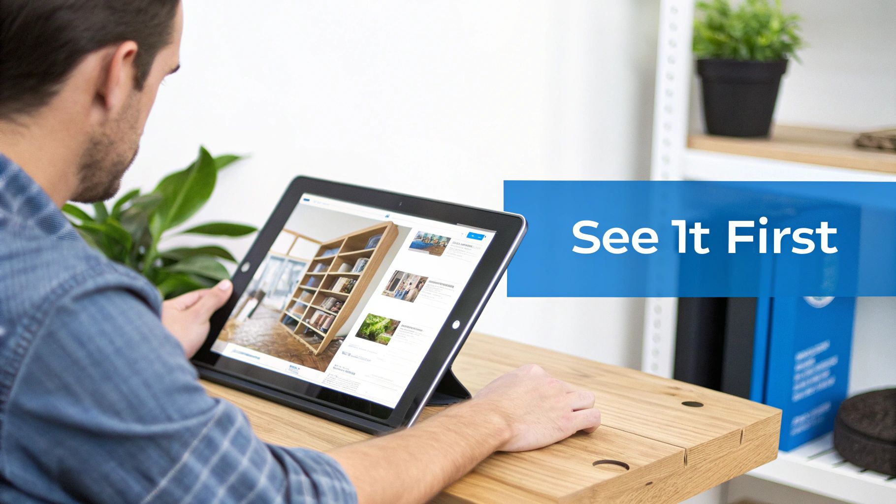 A man in a denim shirt views design concepts, including a bookshelf, on a tablet on a wooden desk.