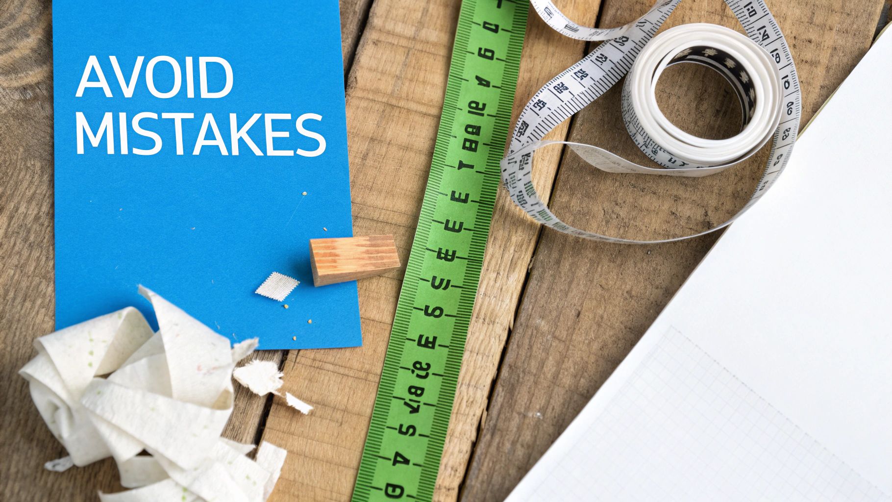 A blue card with 'AVOID MISTAKES' text, a green ruler, measuring tape, and notebook on a wooden desk.