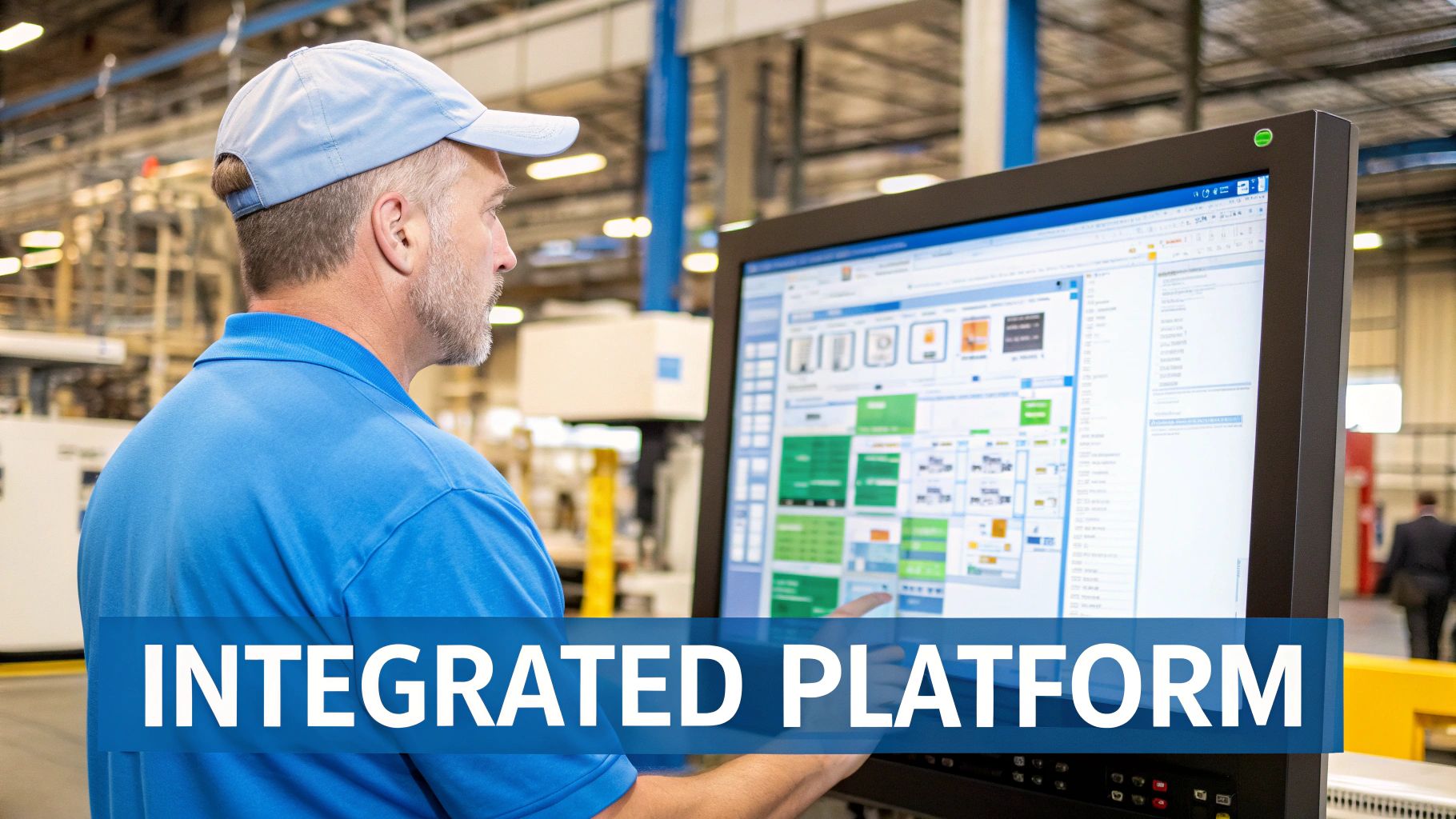 Factory worker uses a computer with manufacturing software, highlighting an integrated platform solution.