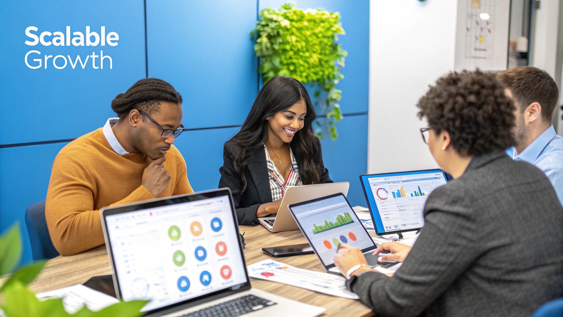 A diverse team of engineers and managers collaborating around a large screen displaying cloud-based manufacturing analytics and production data.