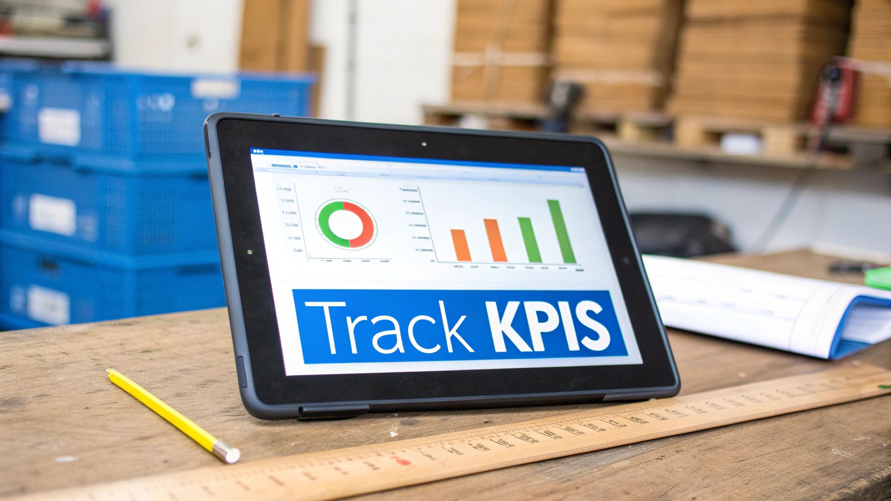 Tablet displaying a KPI dashboard with charts and 'Track KPIS' on a wooden workbench in a workshop.