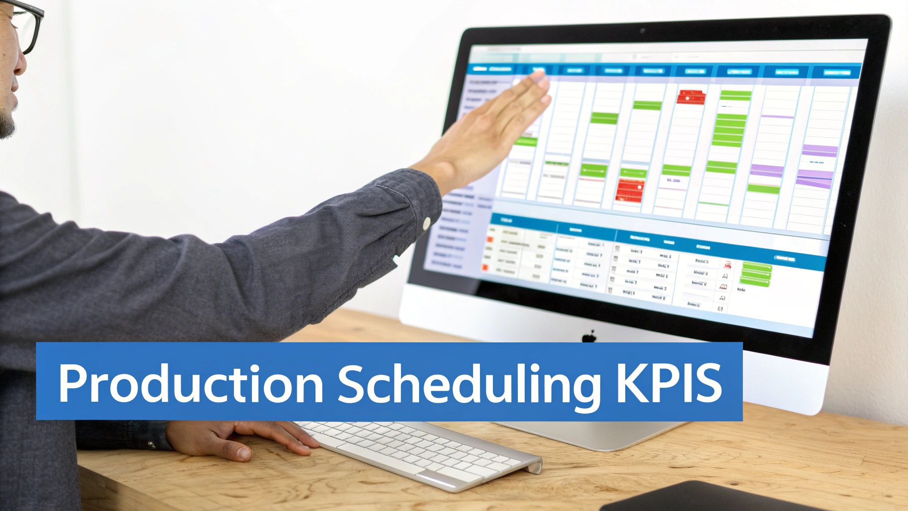A person interacting with a computer displaying production scheduling KPIs and a visual schedule.