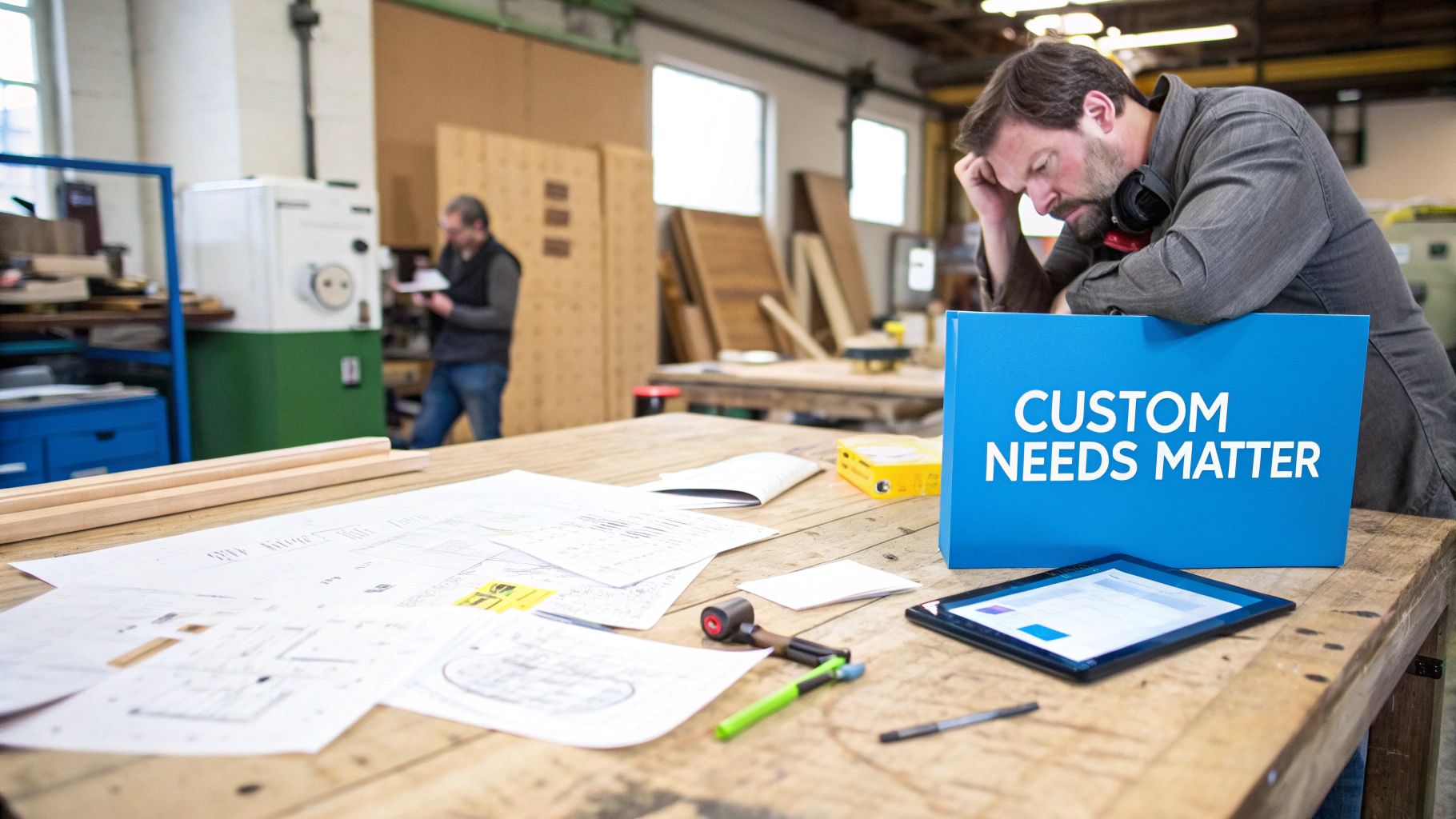 A man in a workshop, leaning on a "CUSTOM NEEDS MATTER" sign, with blueprints and a tablet.