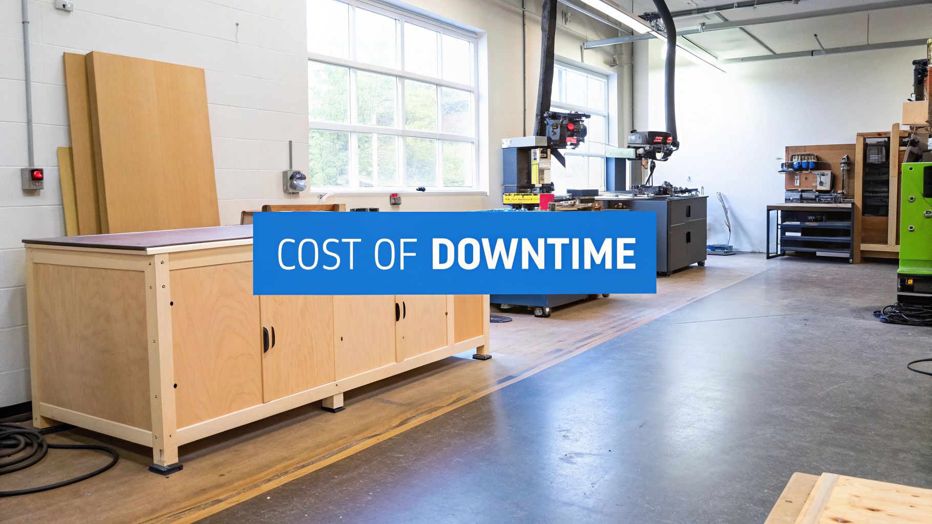 A brightly lit industrial workshop with wooden cabinetry, machinery, and a blue banner: 'COST OF DOWNTIME'.