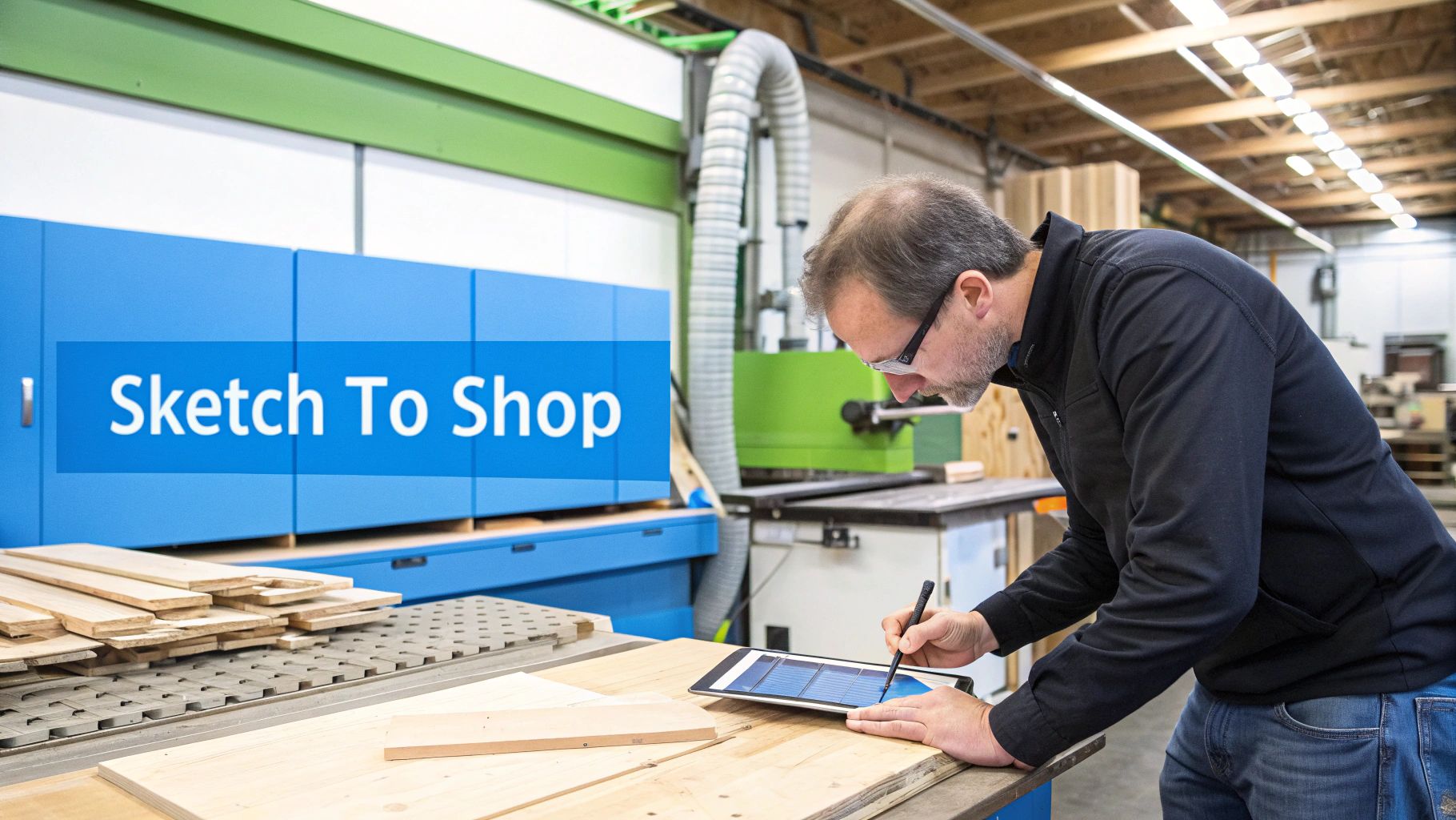 A man uses a tablet for woodworking design near a 'Sketch To Shop' sign in a factory.