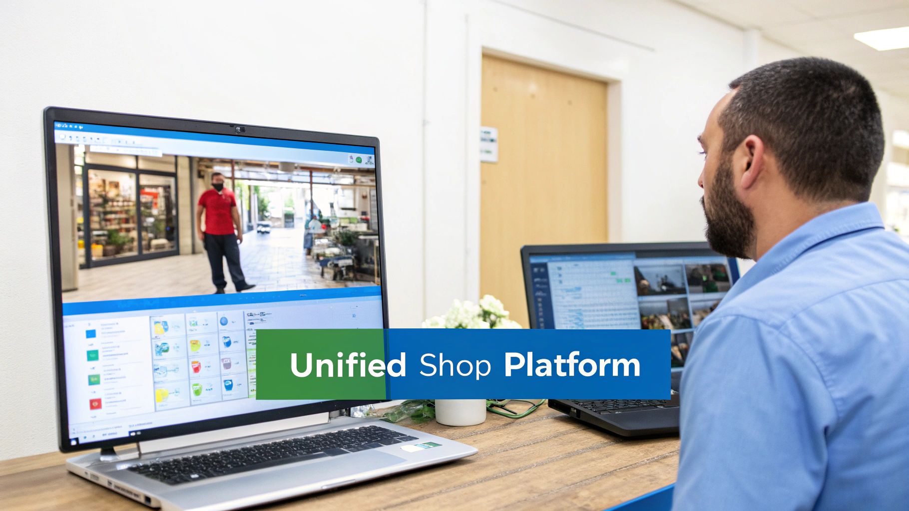 A man monitors a retail store via a unified shop platform displayed on two laptops on a wooden desk.