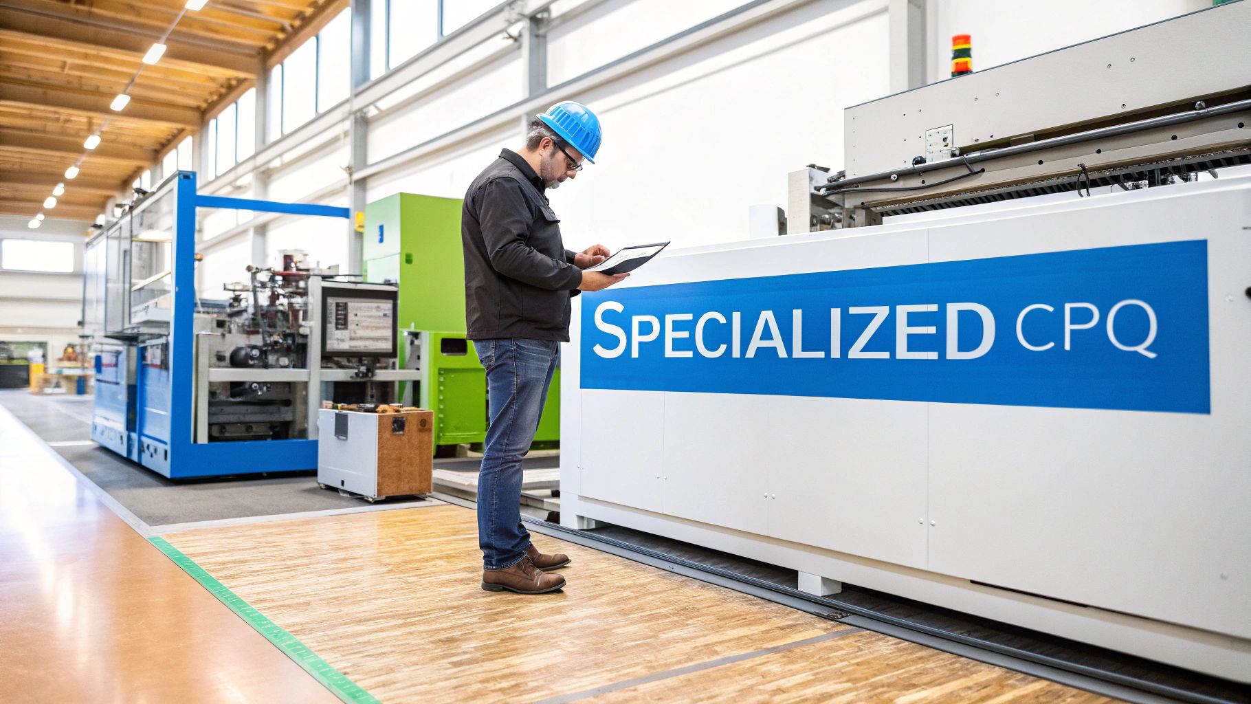 A manufacturing plant manager reviewing data on a tablet with industrial machinery in the background